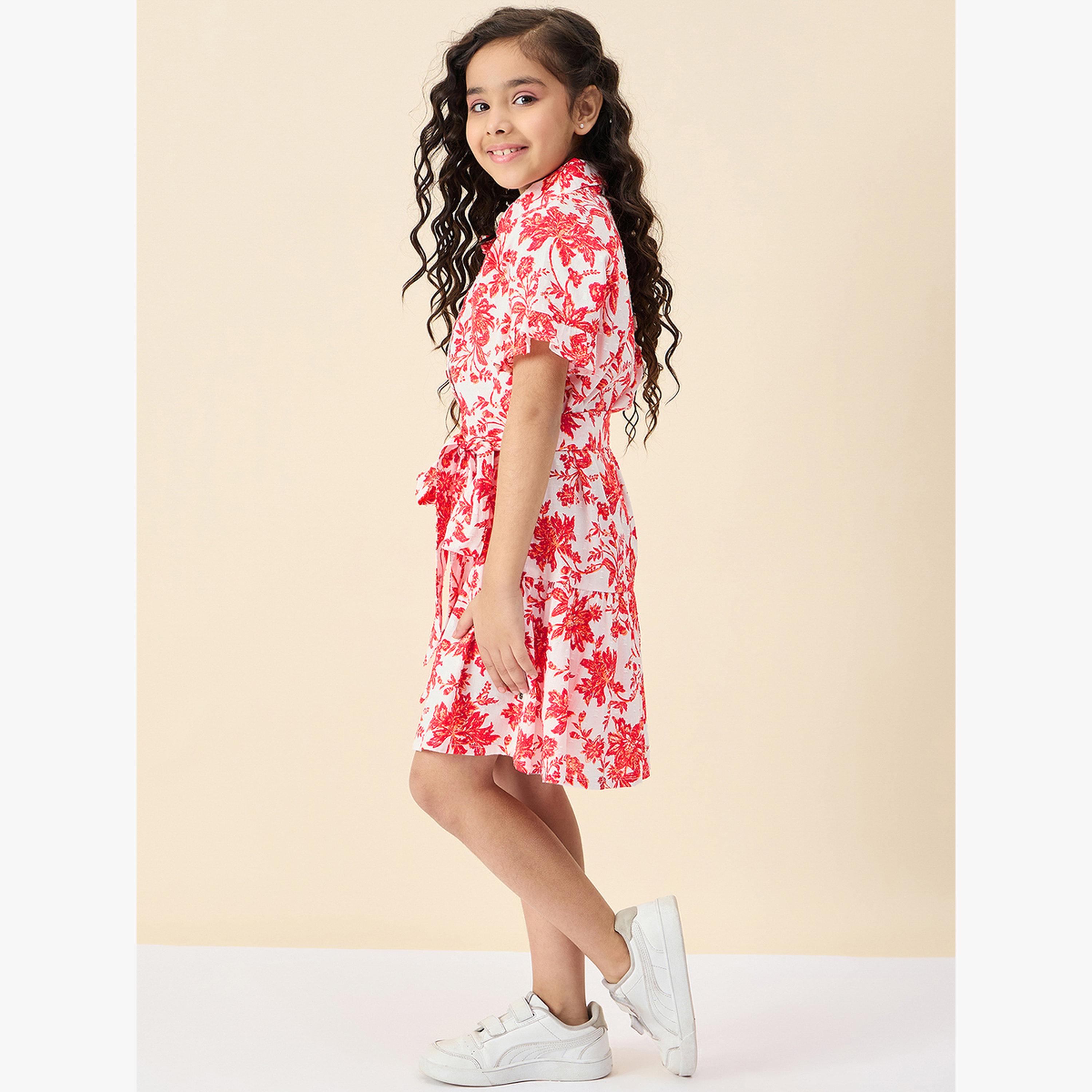 فستان قصير بقصة واسعة وطبعة زهور-girls-clothing-dressesandjumpsuits-image-3