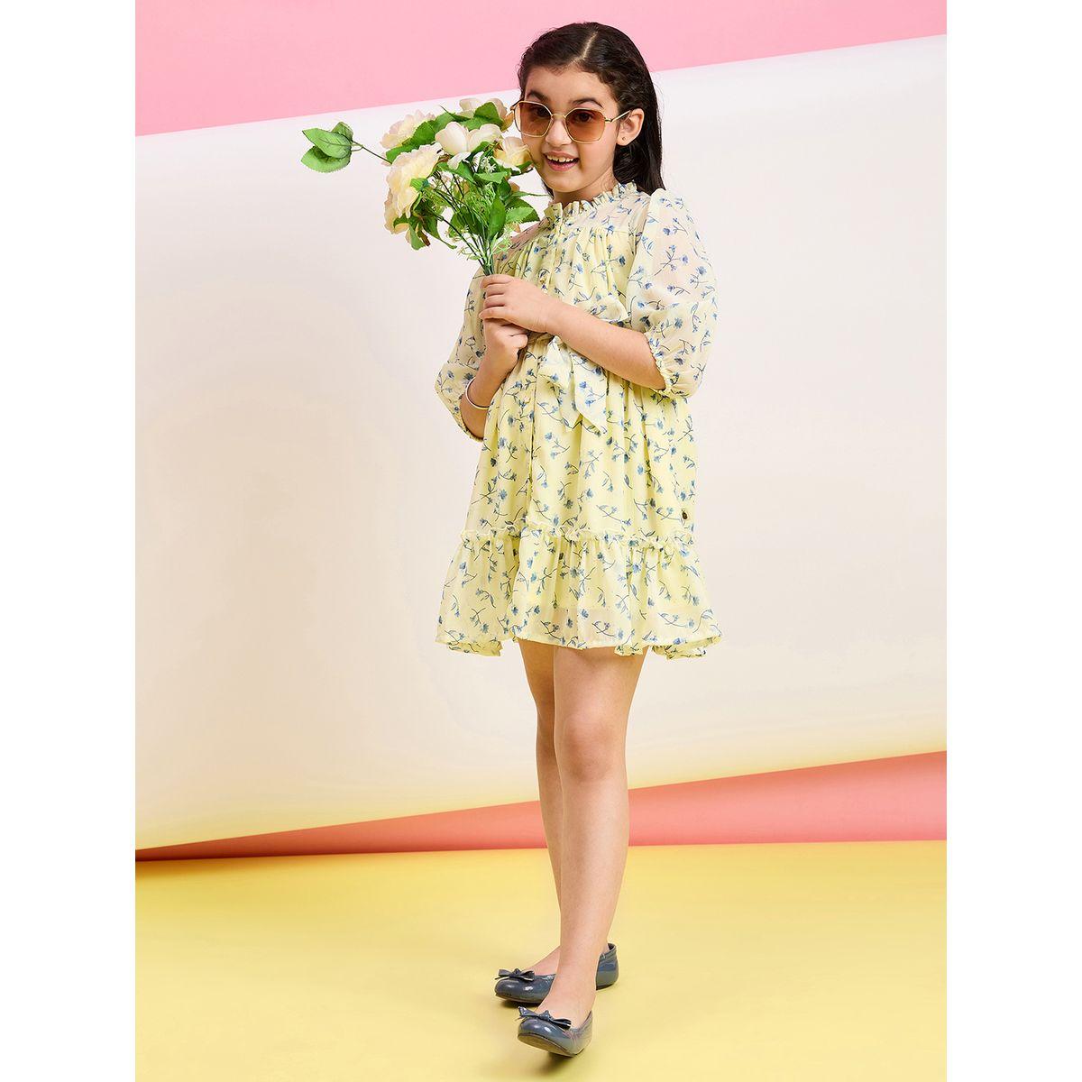 فستان بياقة عالية وطبعة زهور مع ربطة خصر-girls-clothing-dressesandjumpsuits-image-1