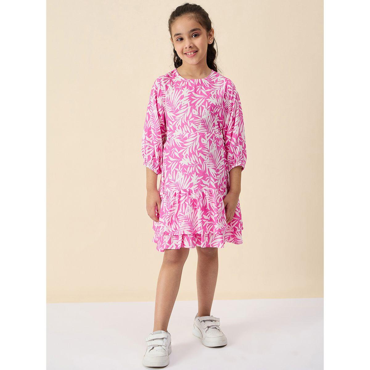 Stylo Bug Leaf Print Round Neck Dress-girls-clothing-dressesandjumpsuits-image-1