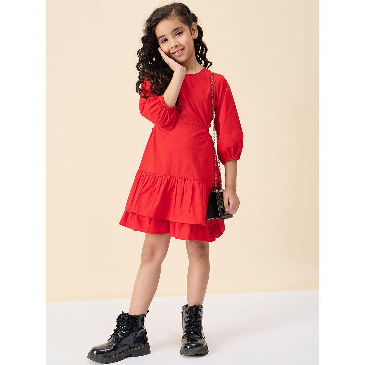 فستان سادة بياقة دائرية مع تفاصيل طبقات-girls-clothing-dressesandjumpsuits-image-5