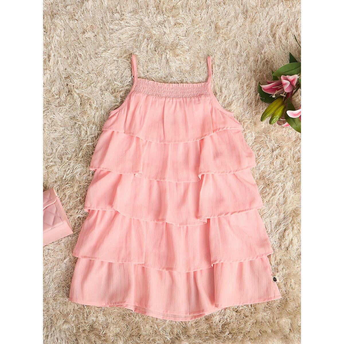 Stylo Bug Peach Solid Strappy Layered Dress-girls-clothing-dressesandjumpsuits-image-1