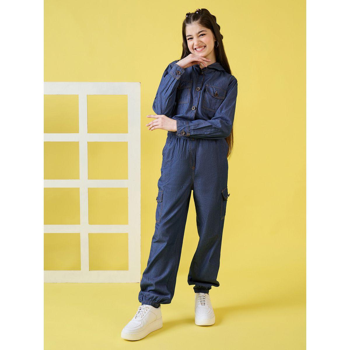 Stylo Bug Denim Look Hooded Top and Cargo Pants Set-girls-clothing-setsandcoords-image-1
