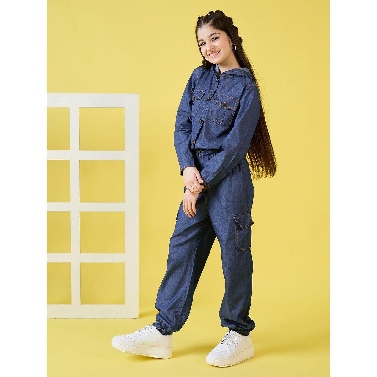 Stylo Bug Denim Look Hooded Top and Cargo Pants Set-girls-clothing-setsandcoords-image-3