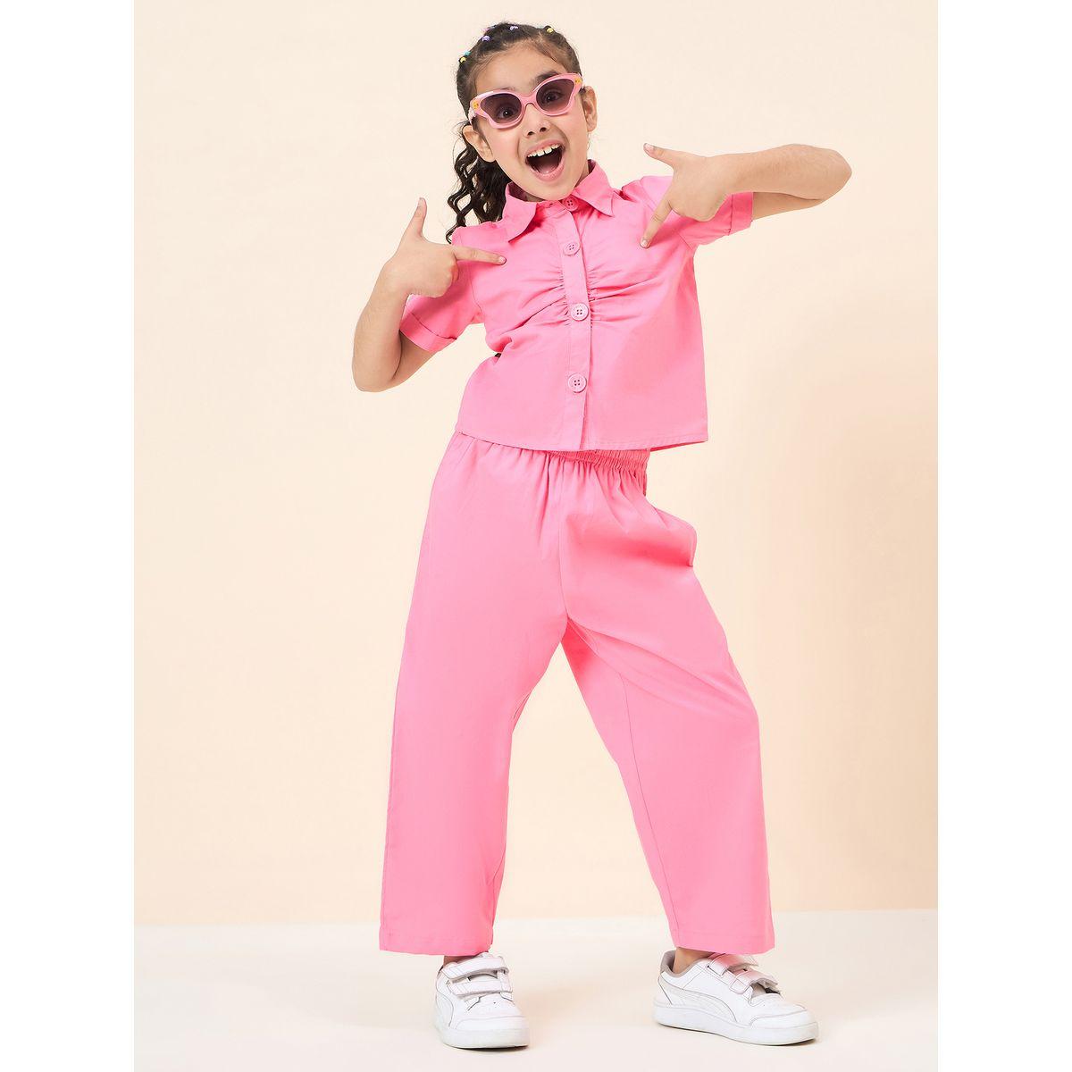 Stylo Bug Pink Solid Gathered Shirt and Pants Set-girls-clothing-setsandcoords-image-2