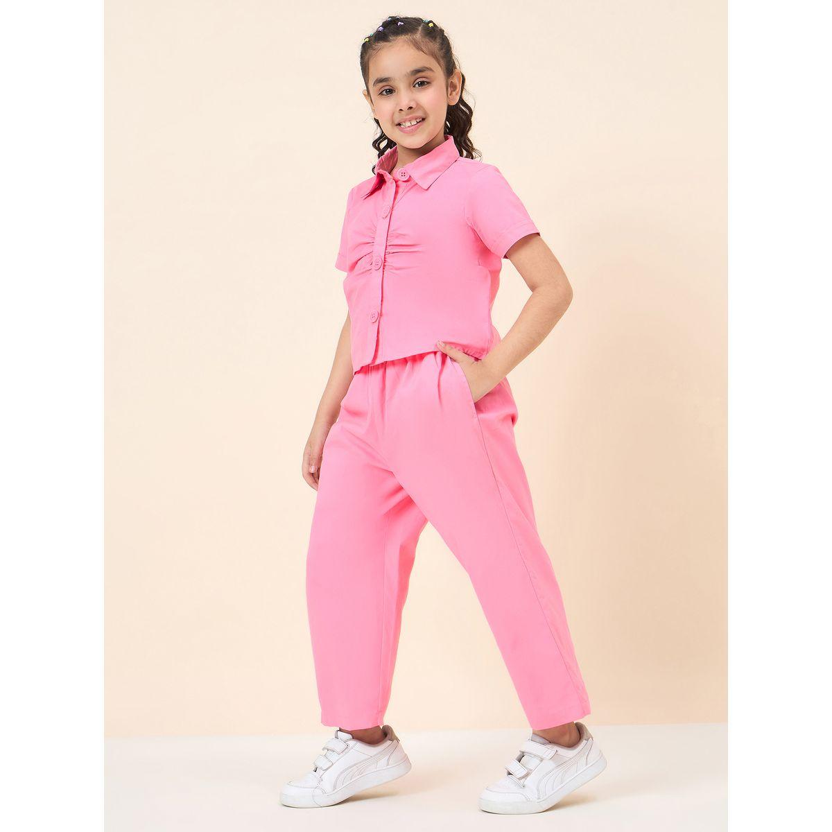 Stylo Bug Pink Solid Gathered Shirt and Pants Set-girls-clothing-setsandcoords-image-3