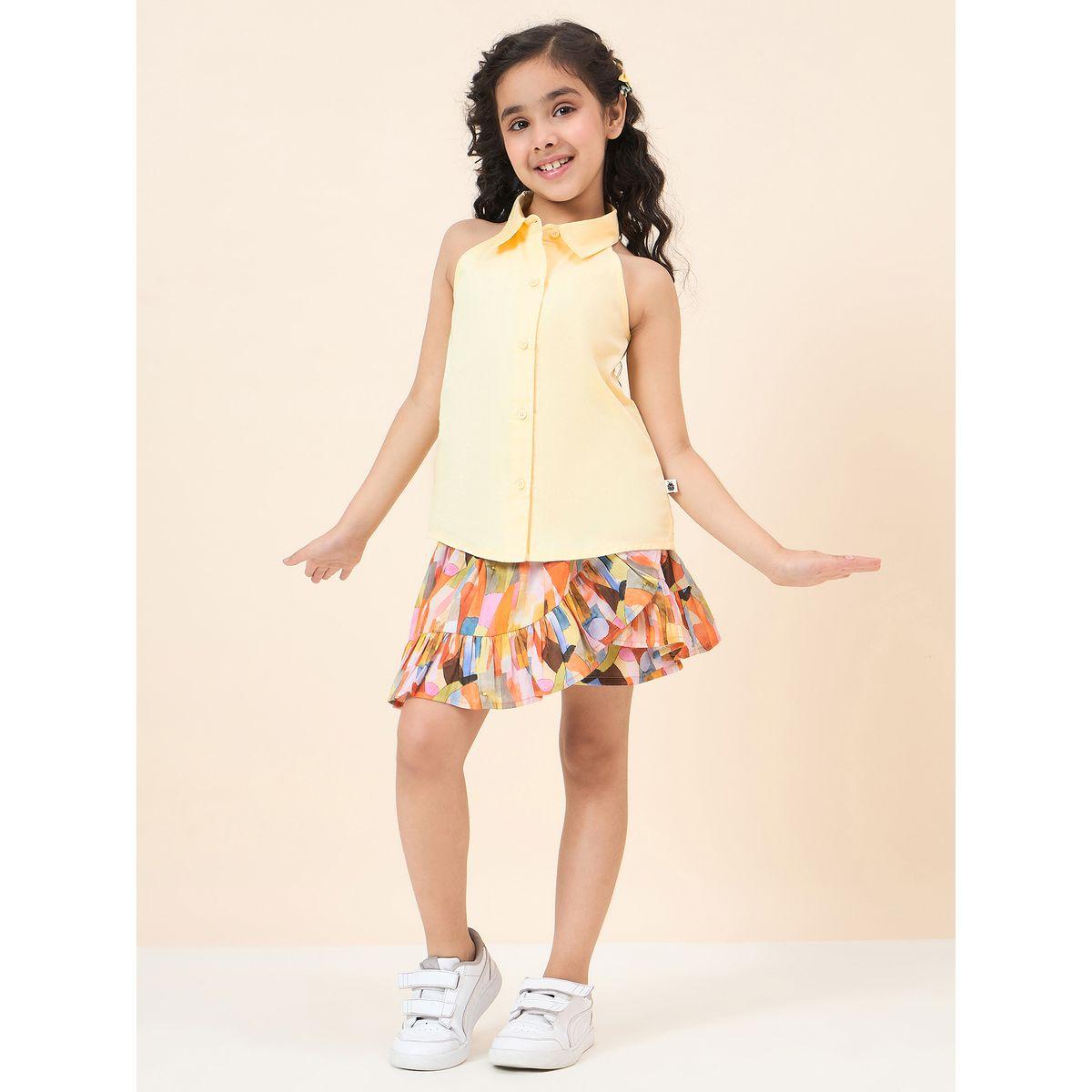 Stylo Bug Plain Collar Shirt and Abstract Print Skirt Set-girls-clothing-setsandcoords-image-1