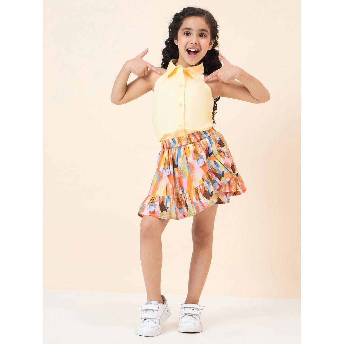 Stylo Bug Plain Collar Shirt and Abstract Print Skirt Set-girls-clothing-setsandcoords-image-2