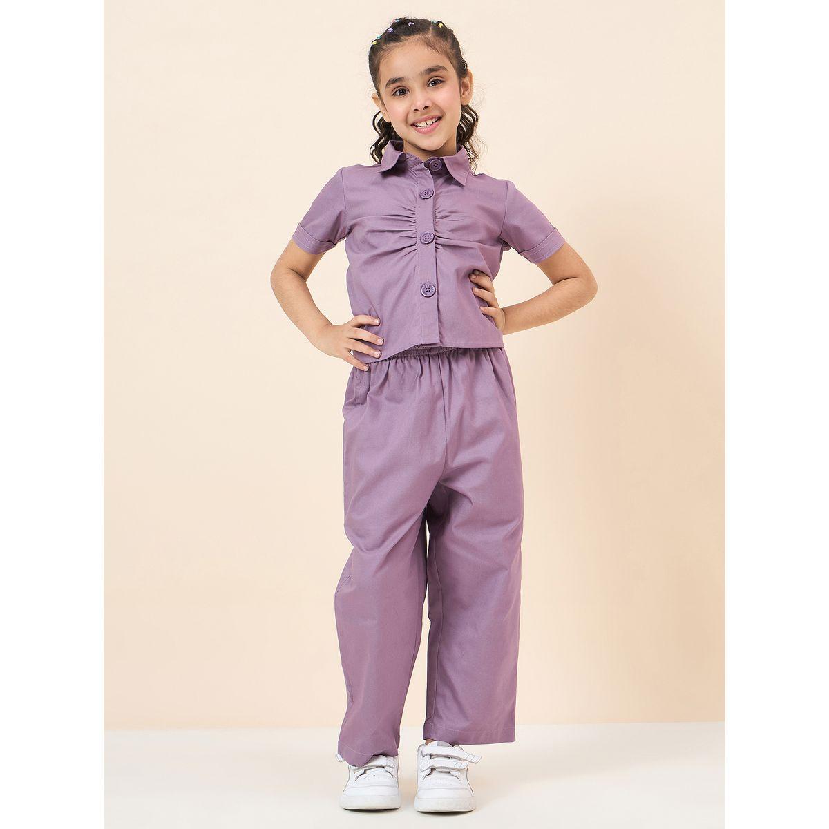 Stylo Bug Purple Solid Gathered Shirt and Pants Set-girls-clothing-setsandcoords-image-1