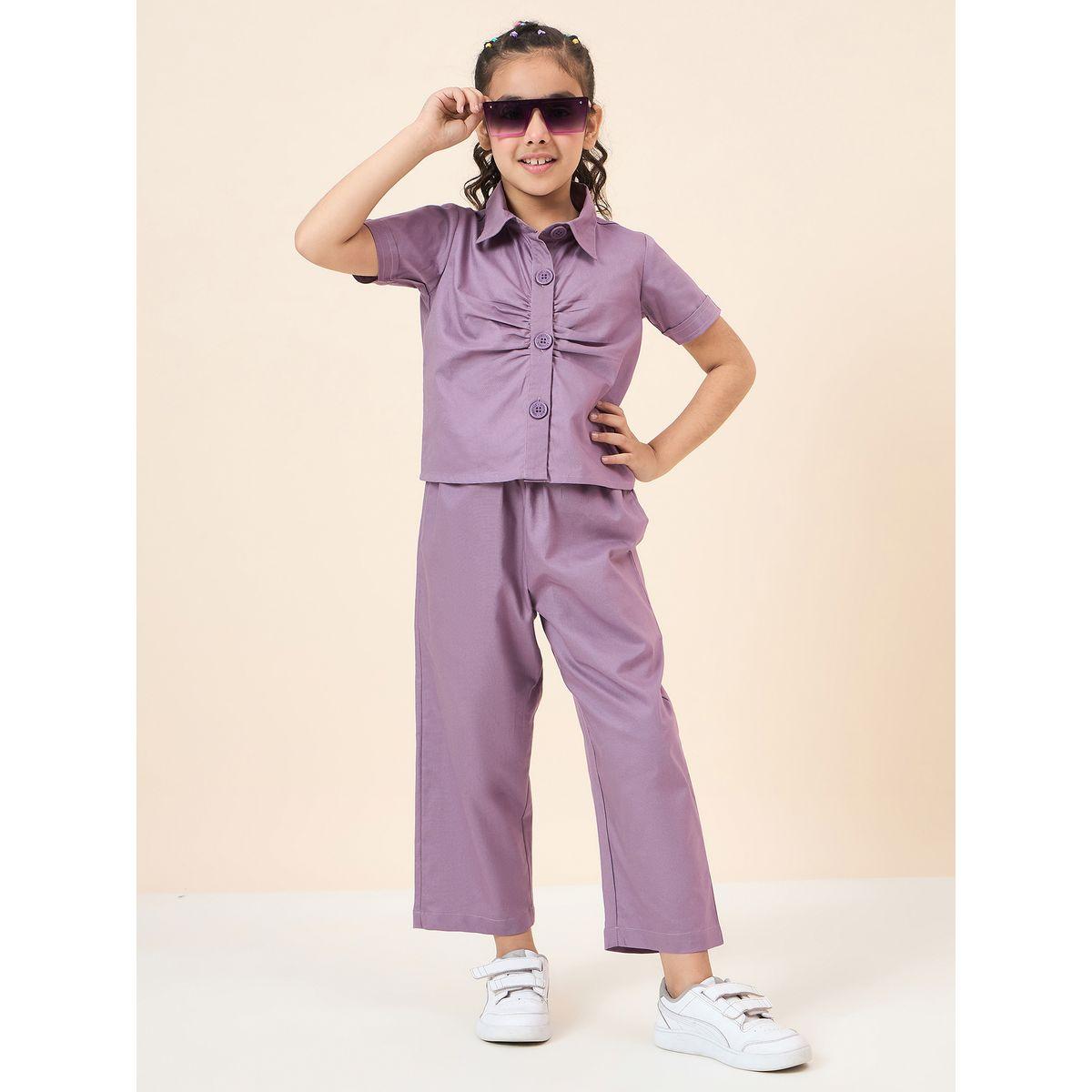 Stylo Bug Purple Solid Gathered Shirt and Pants Set-girls-clothing-setsandcoords-image-2