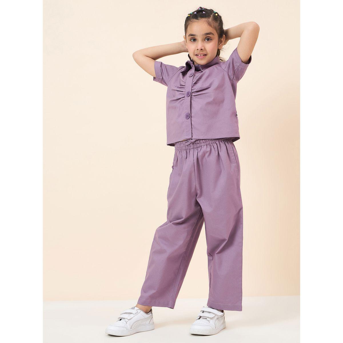 Stylo Bug Purple Solid Gathered Shirt and Pants Set-girls-clothing-setsandcoords-image-3