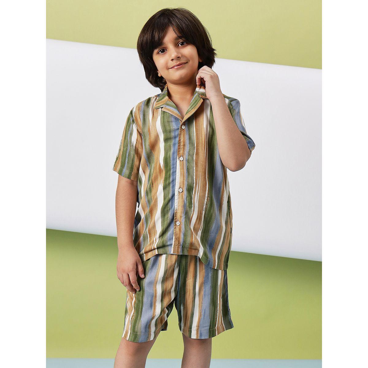 Stylo Bug Striped Print Collar Neck Shirt and Shorts Set-boys-clothing-setsandcoords-image-1