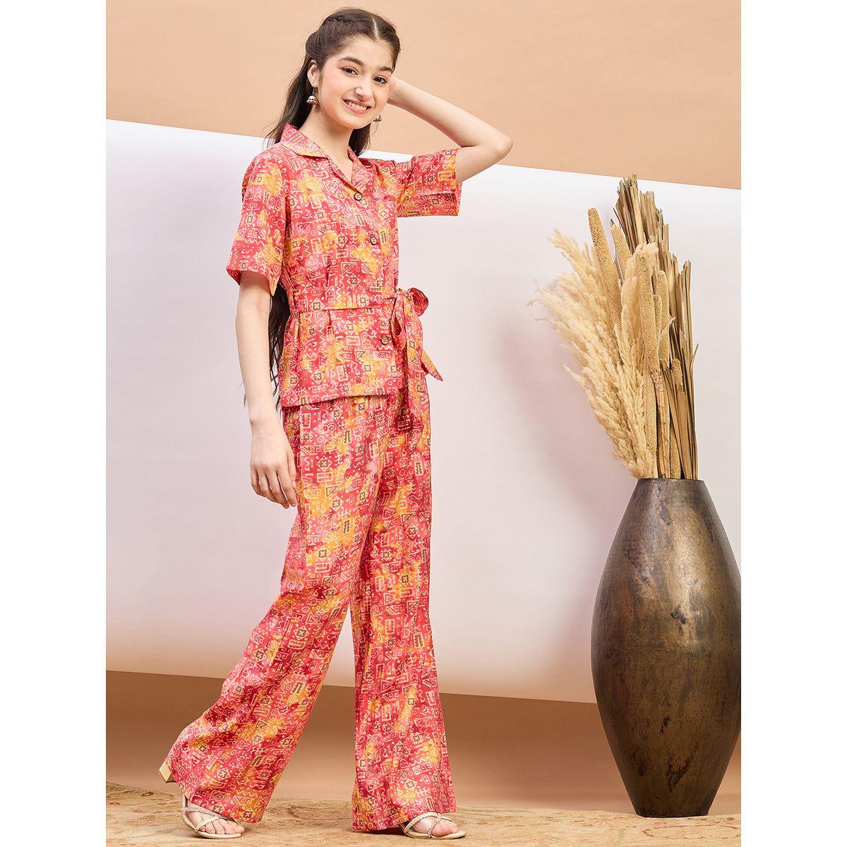 Stylo Bug Abstract Print Tie-Belt Shirt and Pants Set-girls-clothing-setsandcoords-image-2
