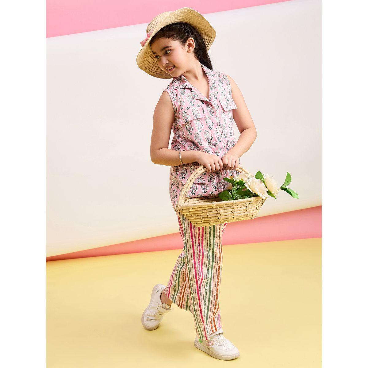 Stylo Bug Flower Print Collar Neck Top and Pants Set-girls-clothing-setsandcoords-image-1