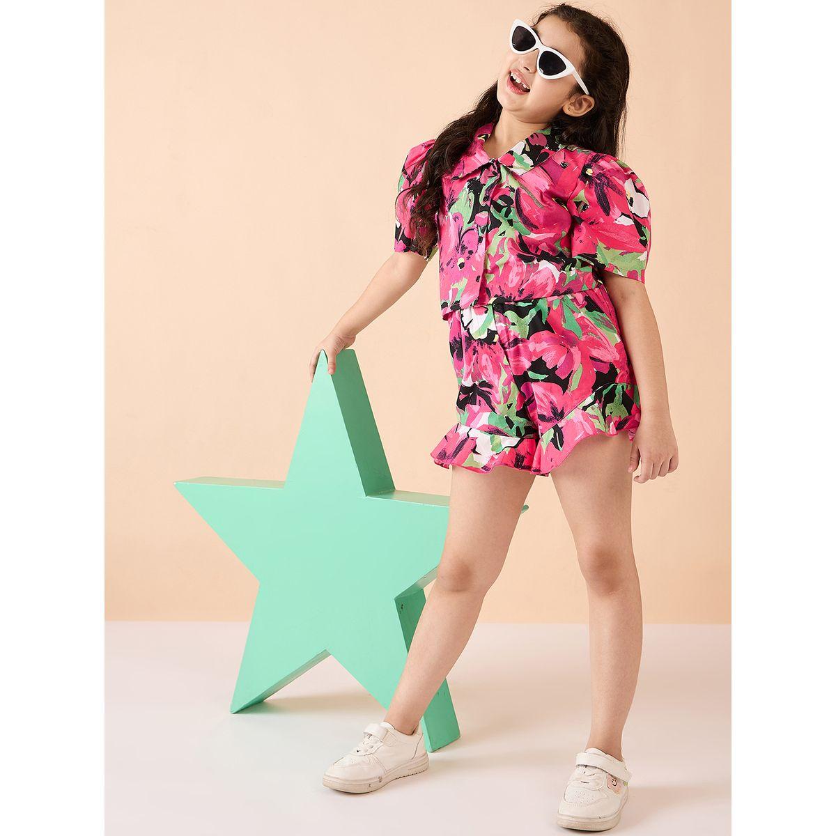 طقم من شورت وبلوزة بأكمام منفوخة وطبعة زهور-girls-clothing-setsandcoords-image-1