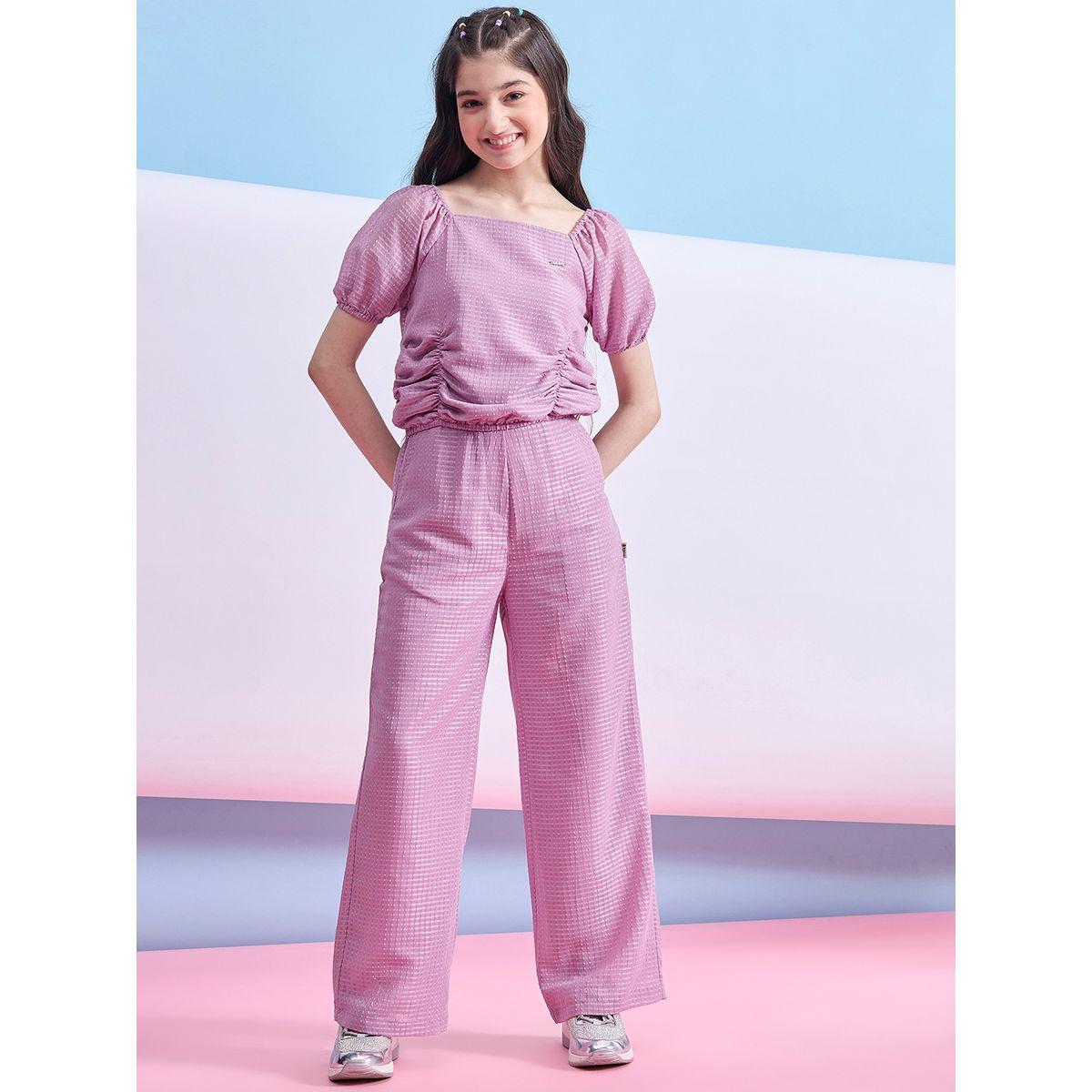 طقم من بلوزة بياقة مربعة مع تفاصيل مزمومة-girls-clothing-setsandcoords-image-1
