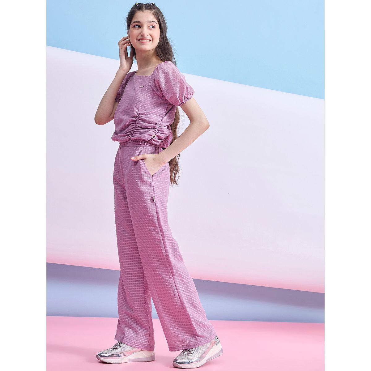 طقم من بلوزة بياقة مربعة مع تفاصيل مزمومة-girls-clothing-setsandcoords-image-3