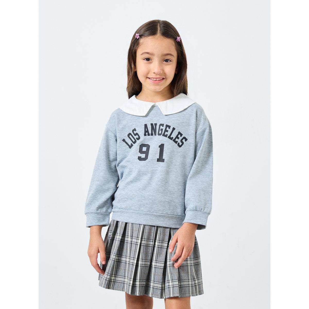 Styli Girls Grey Sweatshirt and Plaid Skirt Set-girls-clothing-setsandcoords-image-2