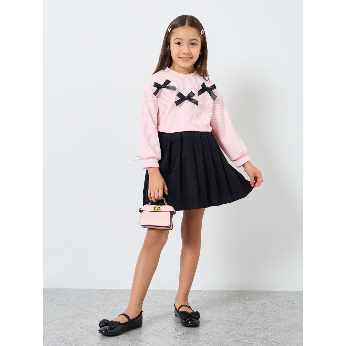 Styli Girls Pink Bow Detail Sweatshirt and Skirt Set-girls-clothing-setsandcoords-image-1