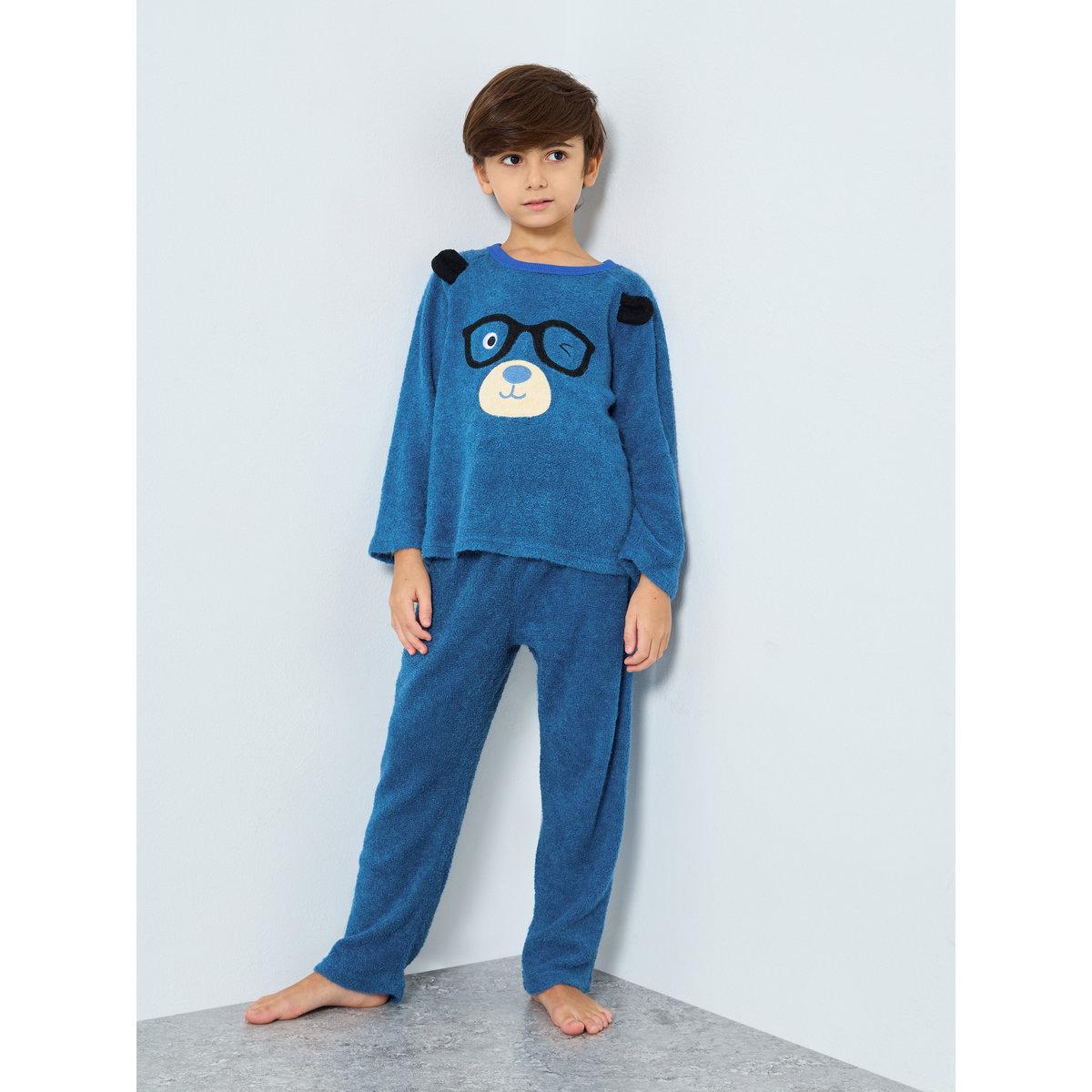 Styli Boys Bear Applique Fleece Top and Pyjama Set-boys-clothing-nightwear-image-1
