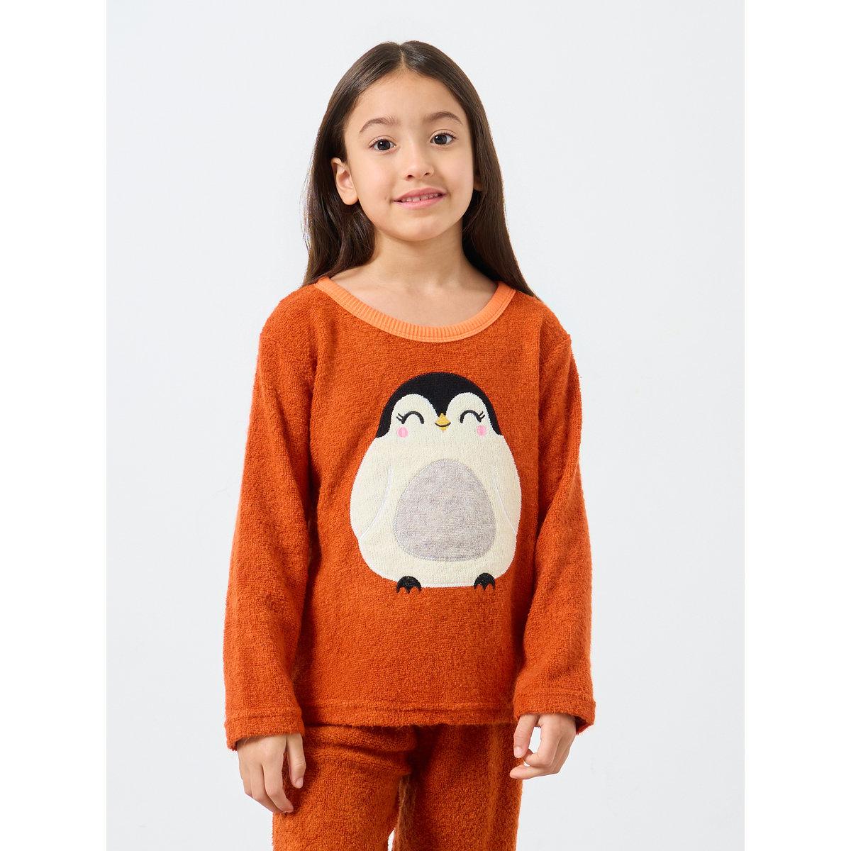 Styli Girls Penguin Applique Fleece Top and Pyjama Set-girls-clothing-nightwear-image-2