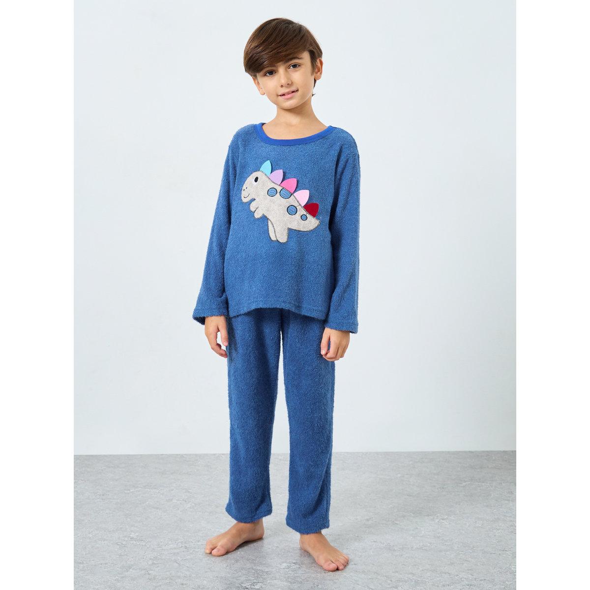 Styli Boy Dinosaur Applique Fleece Top and Pyjama Set-boys-clothing-nightwear-image-1