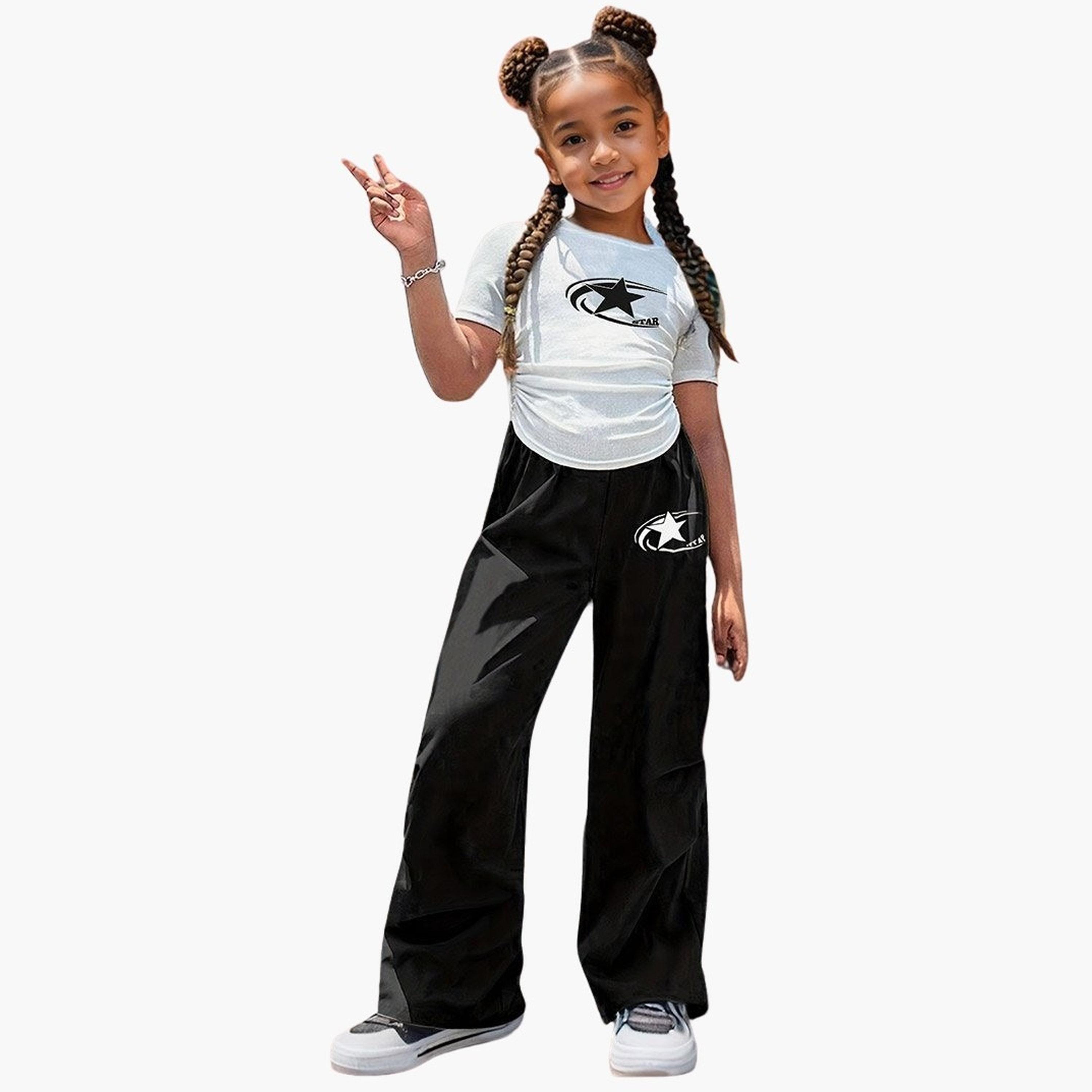 Take Two Girls Star Print Ruched T-Shirt and Pants Set-girls-clothing-setsandcoords-image-1