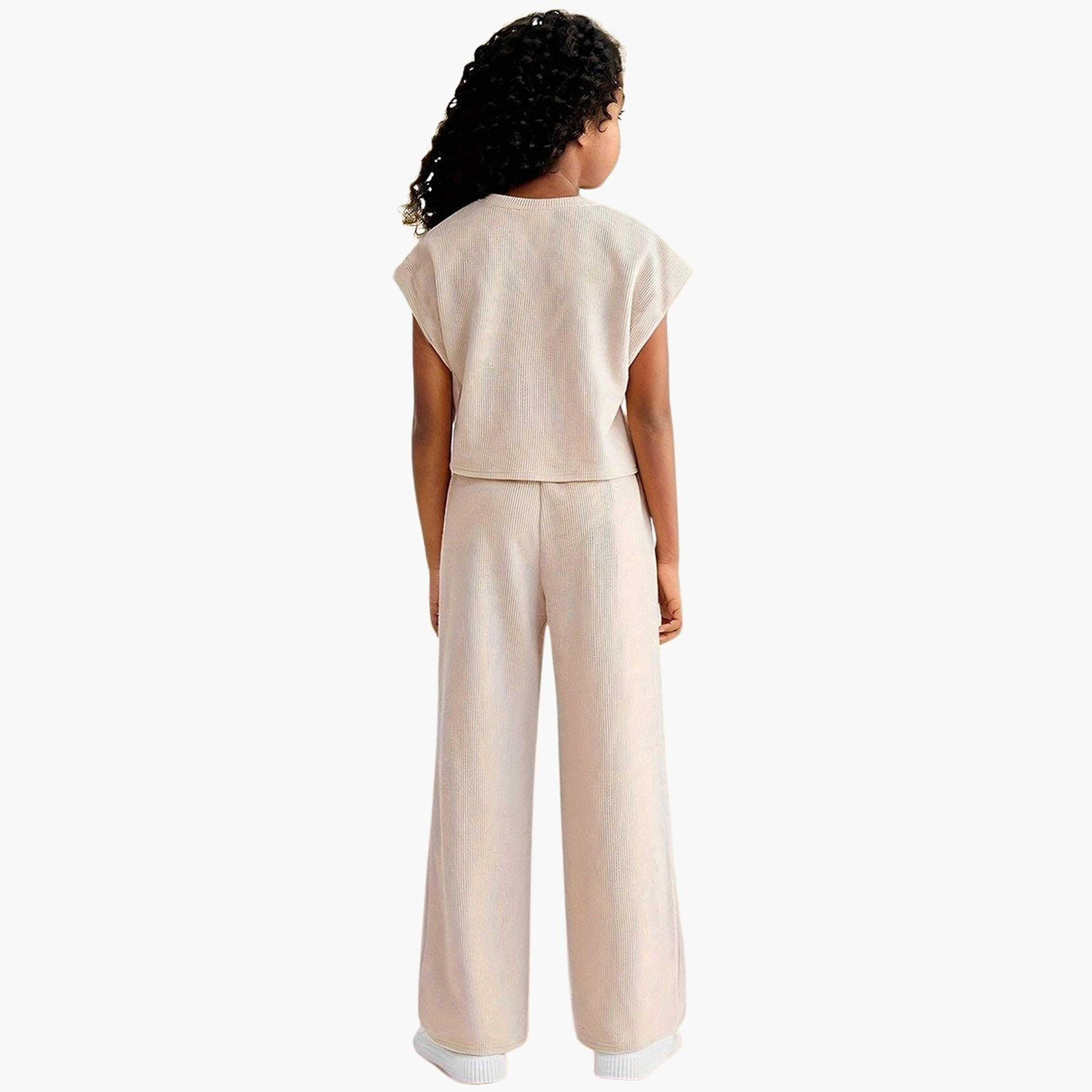 Take Two Girls Beige Textured Knit T-Shirt and Pants Set-girls-clothing-setsandcoords-image-2