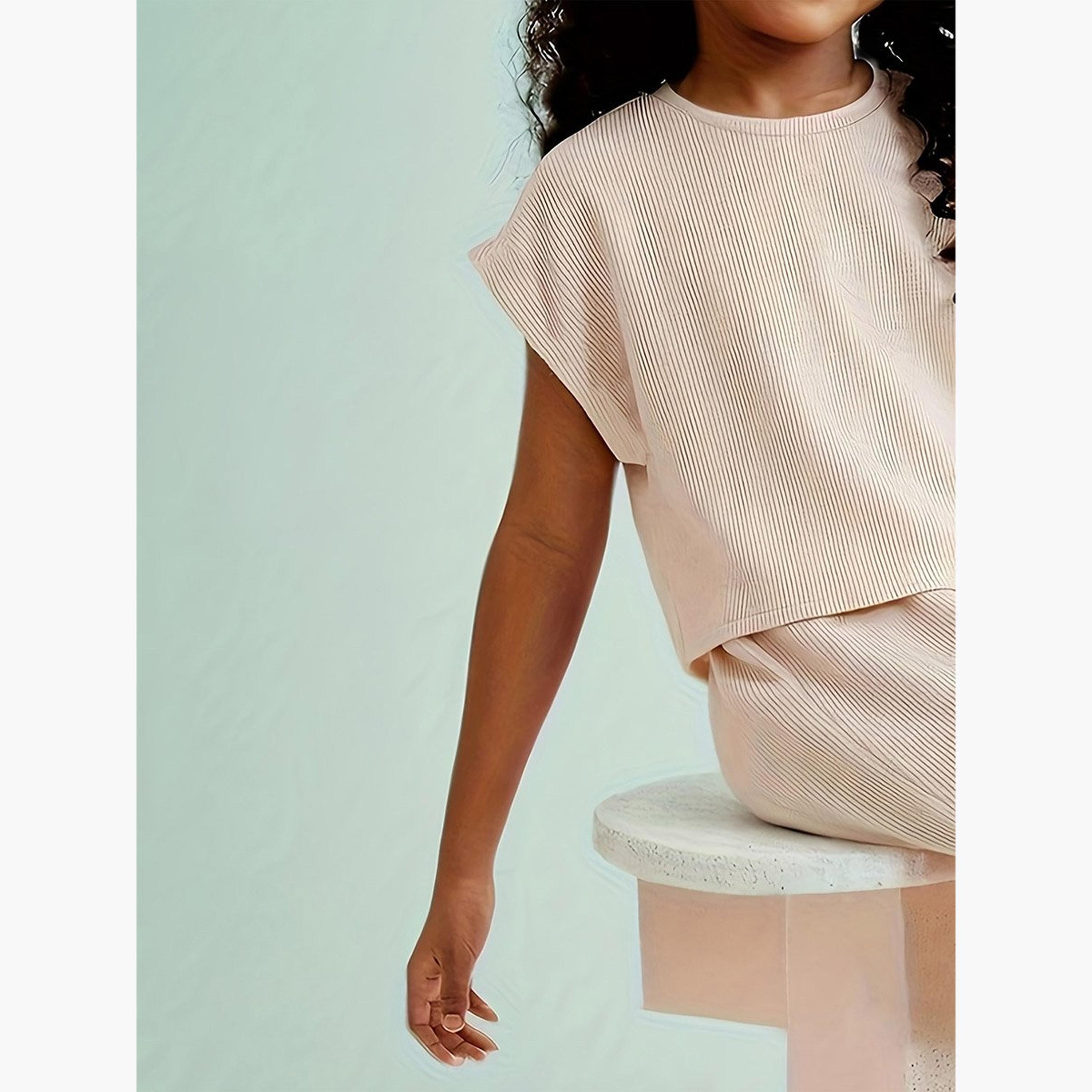 Take Two Girls Beige Textured Knit T-Shirt and Pants Set-girls-clothing-setsandcoords-image-3