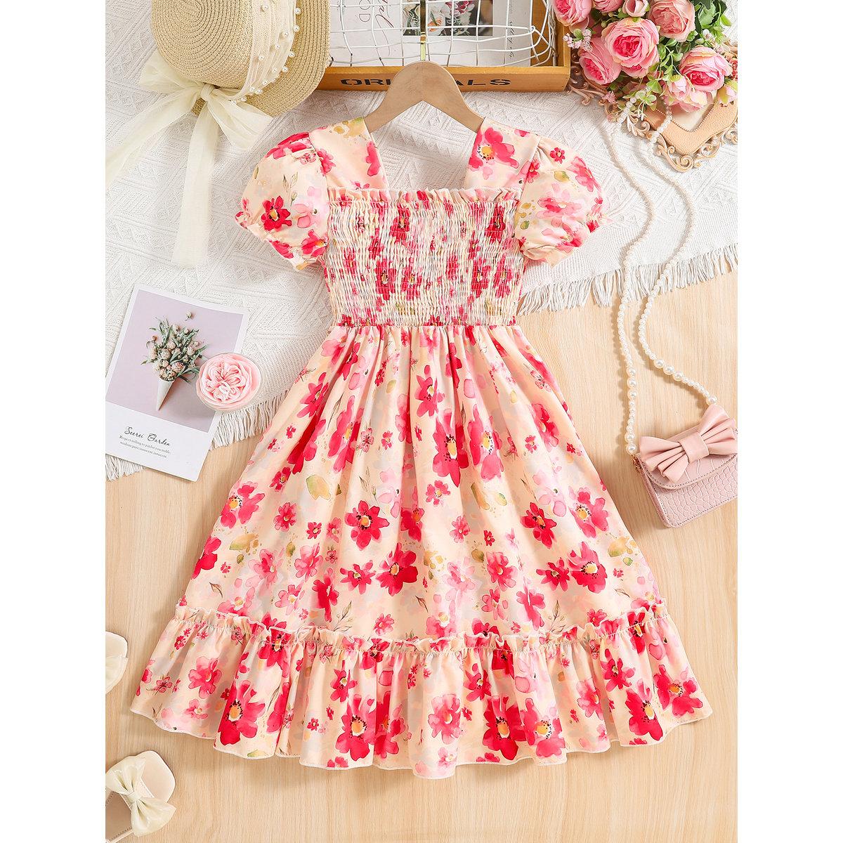 Take Two Girls Peach Floral Print Puff Sleeve Dress-girls-clothing-dressesandjumpsuits-image-1