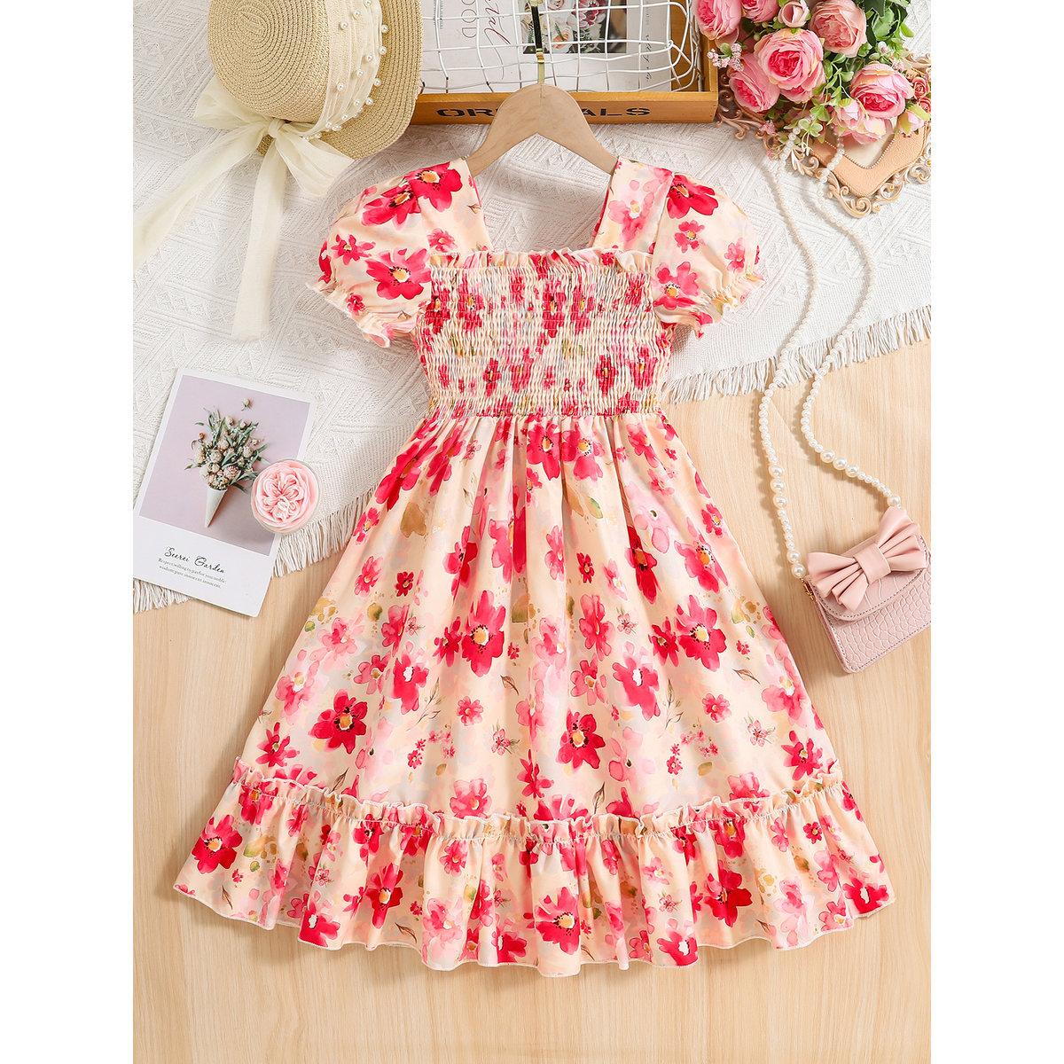 Take Two Girls Peach Floral Print Puff Sleeve Dress-girls-clothing-dressesandjumpsuits-image-2