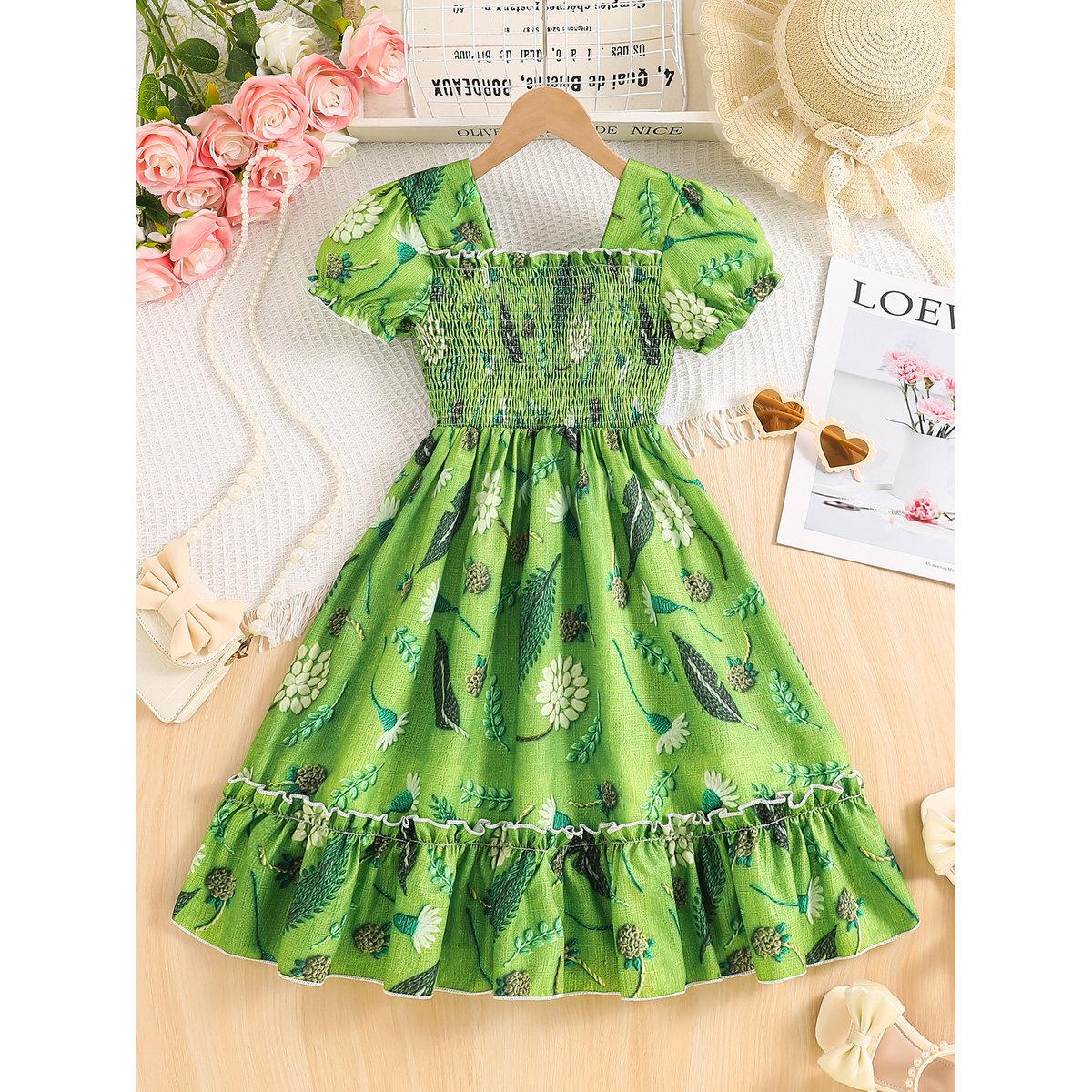 Take Two Girls Green Floral Print Puff Sleeve Dress-girls-clothing-dressesandjumpsuits-image-1
