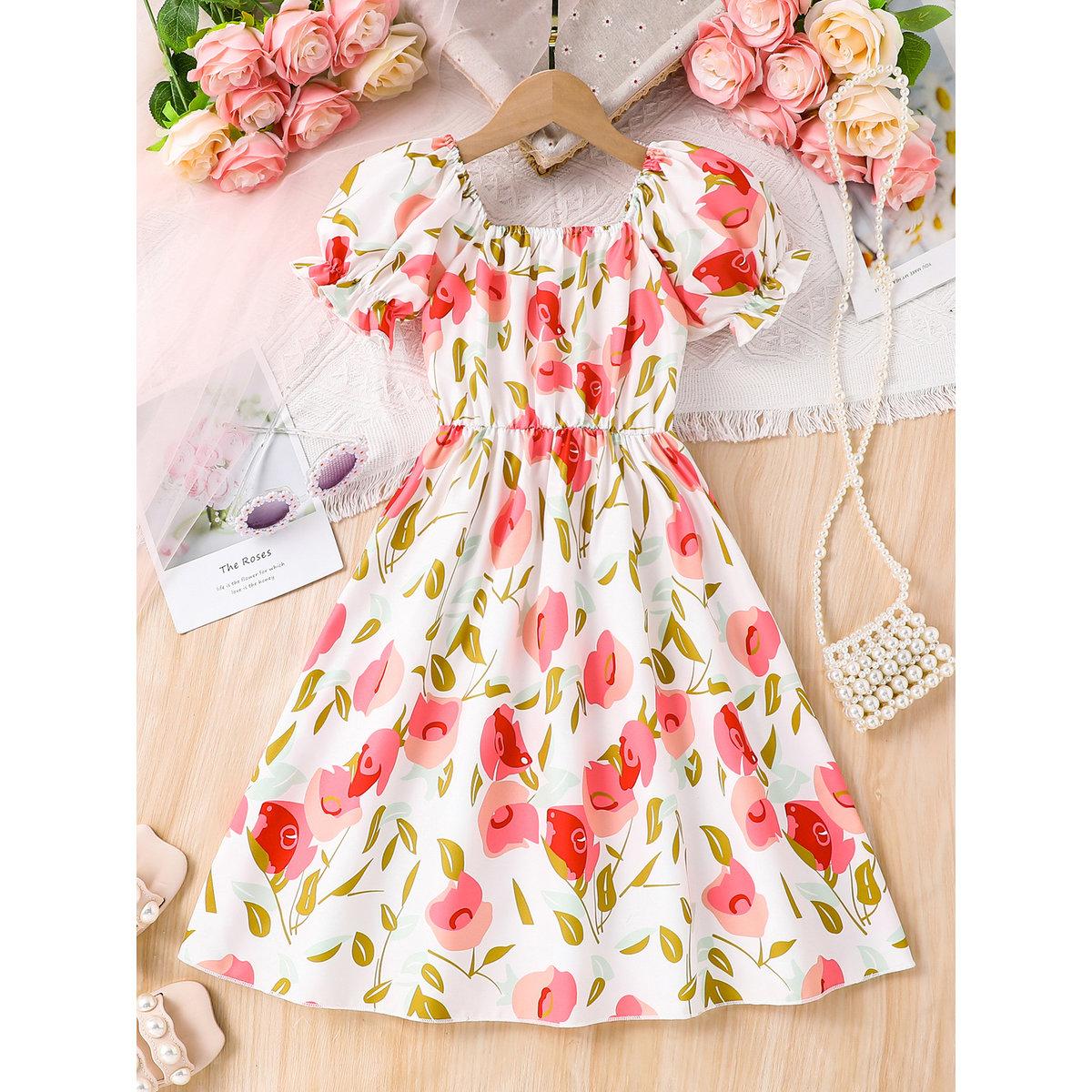 Take Two Girls Rose Print Puff Sleeve Dress-girls-clothing-dressesandjumpsuits-image-1