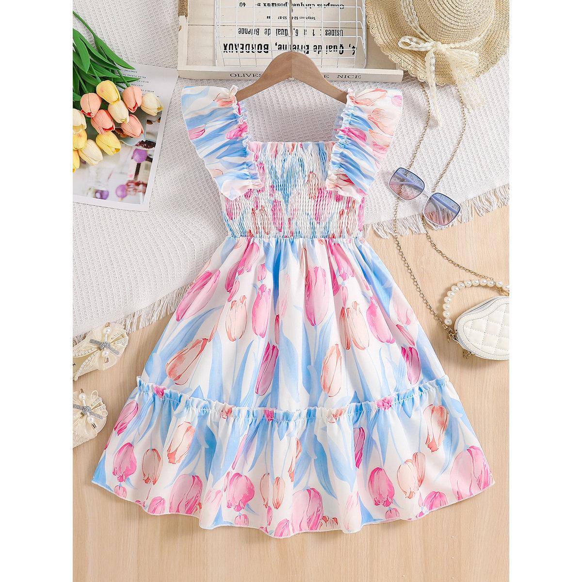 فستان بطبعة تيوليب وأكمام كشكش-girls-clothing-dressesandjumpsuits-image-1