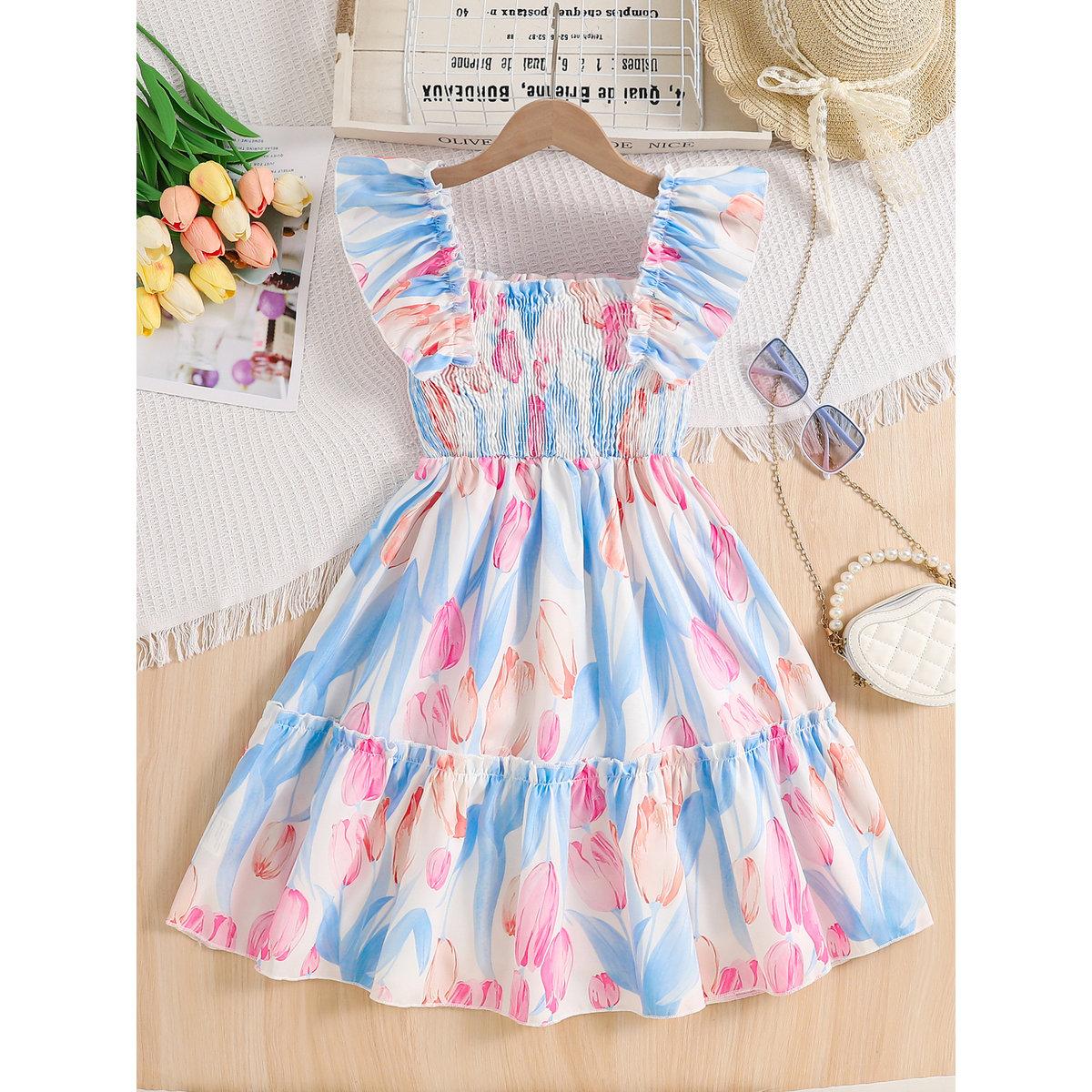 فستان بطبعة تيوليب وأكمام كشكش-girls-clothing-dressesandjumpsuits-image-2