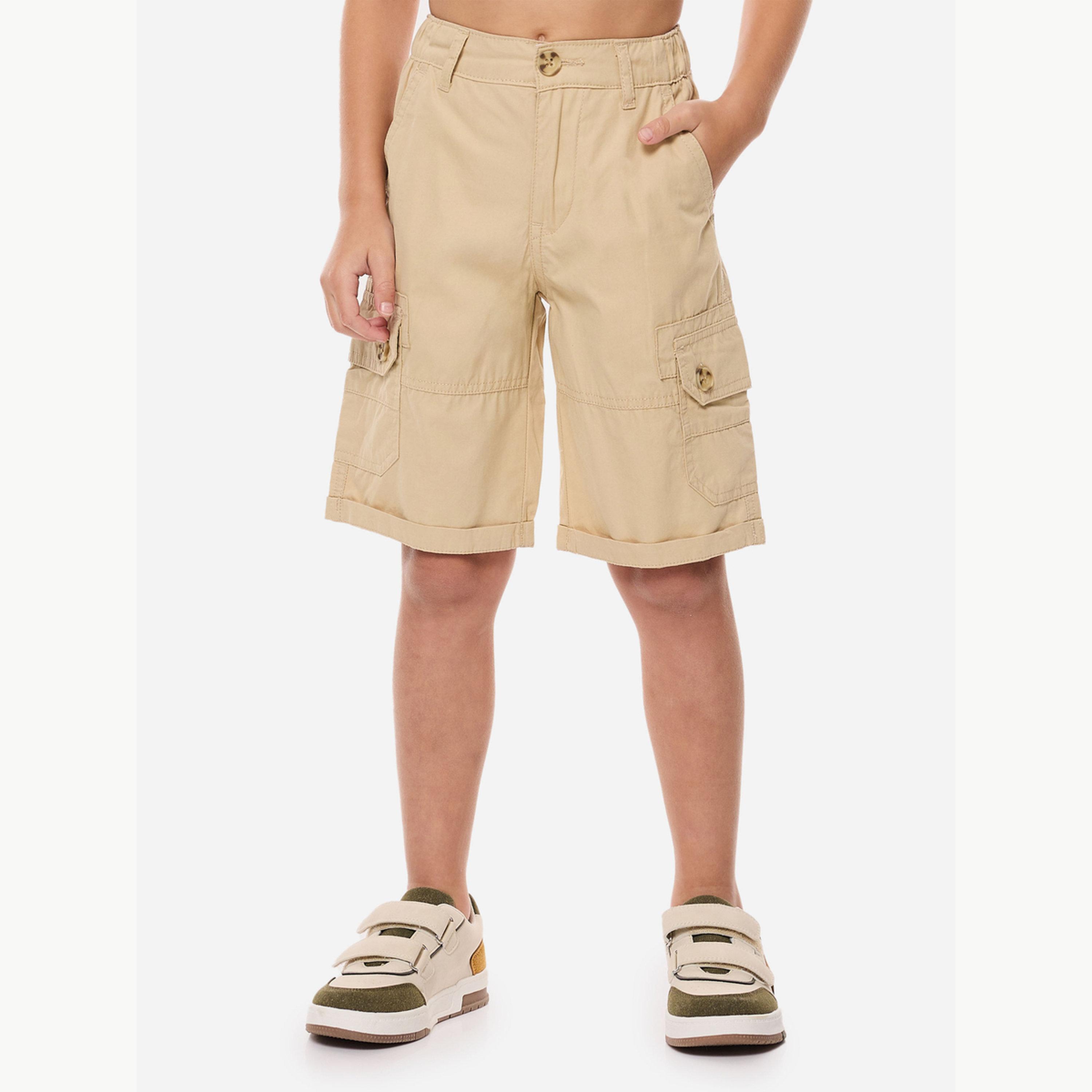 Victor and Jane X Styli Boys Beige Solid Cargo Shorts with Belt Loops-boys-clothing-bottoms-shorts-image-1