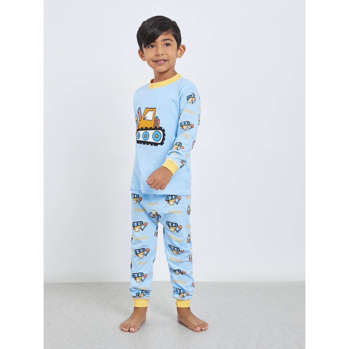Styli Boys Blue Tractor Print Top and Pyjama Set-boys-clothing-nightwear-image-2
