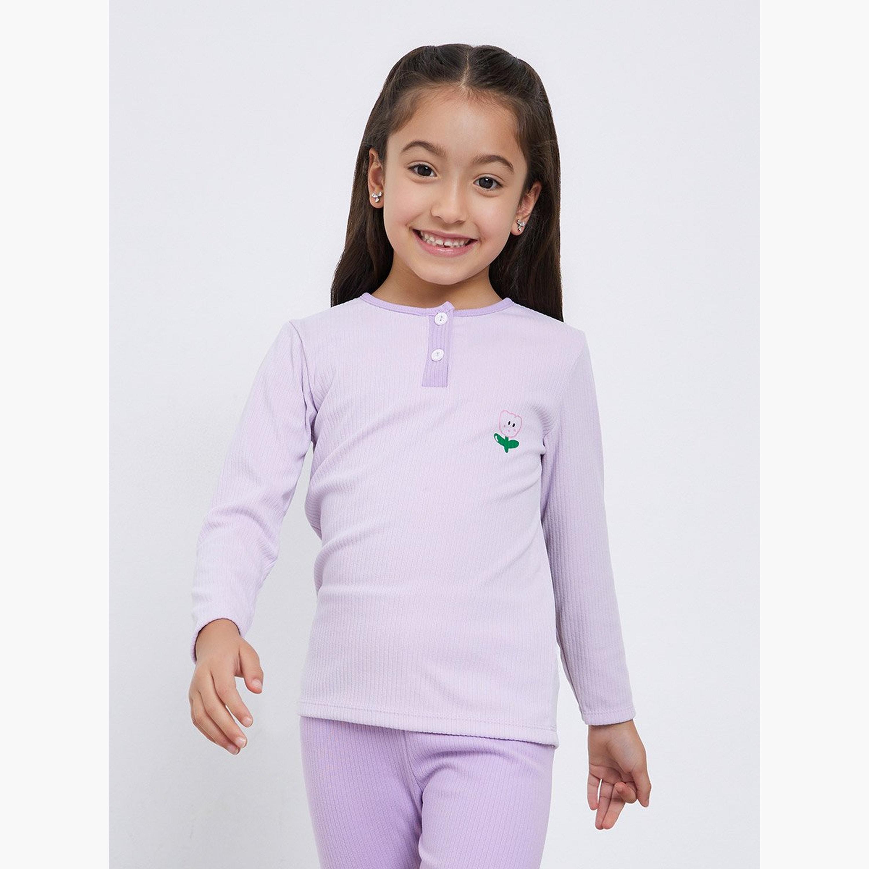 ستايلي - طقم تي شيرت وبنطال ضيق بطبعة كرز أرجواني للبنات-girls-clothing-nightwear-image-2