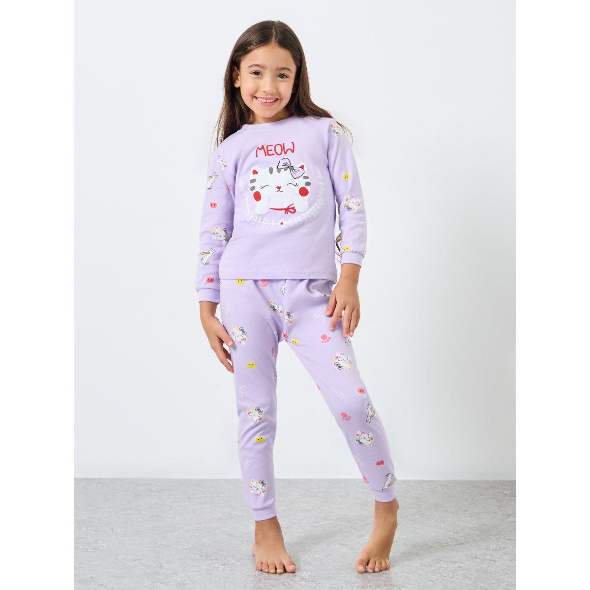 Styli Girls Lilac Cat Graphic Top and Pyjama Set-girls-clothing-nightwear-image-1