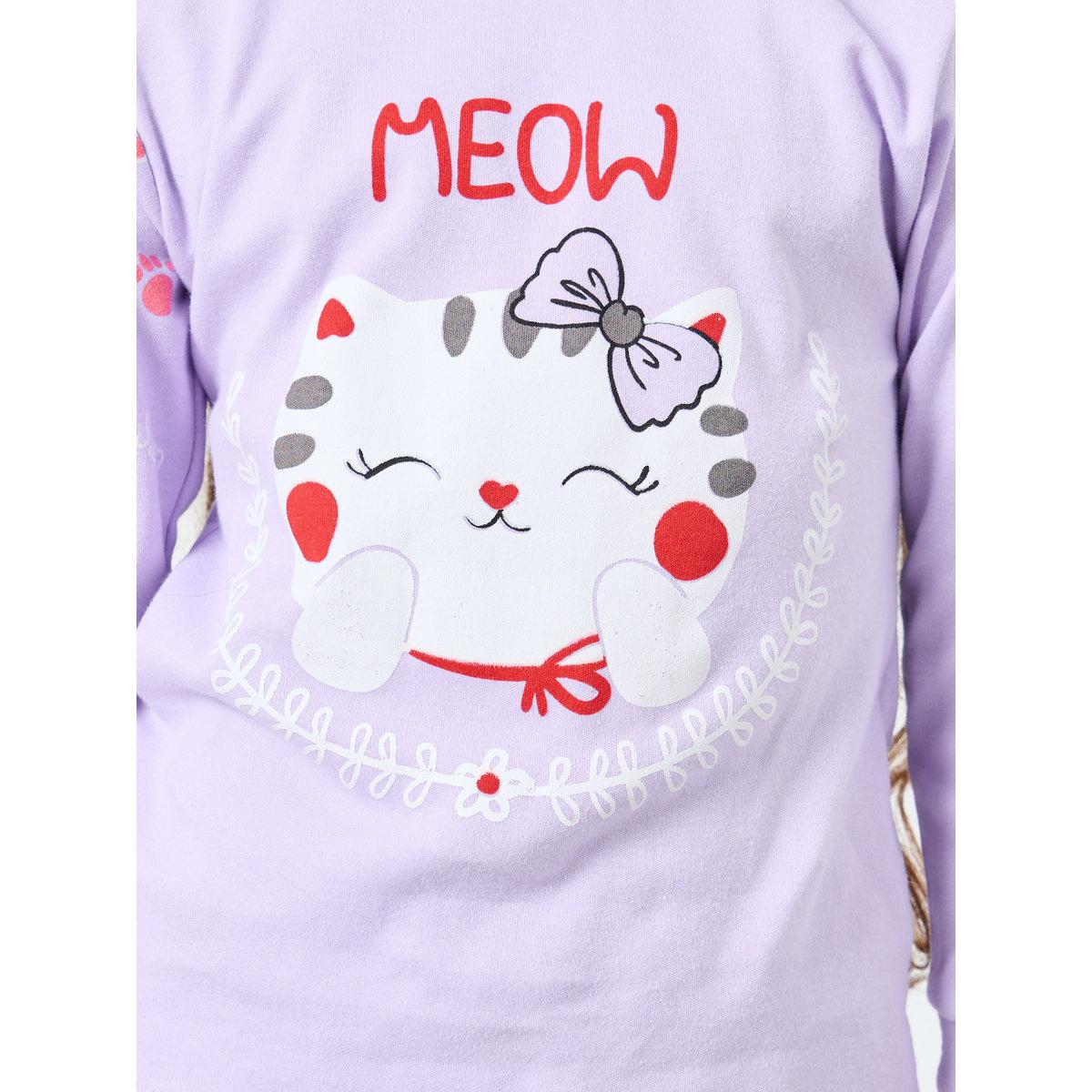 Styli Girls Lilac Cat Graphic Top and Pyjama Set-girls-clothing-nightwear-image-3