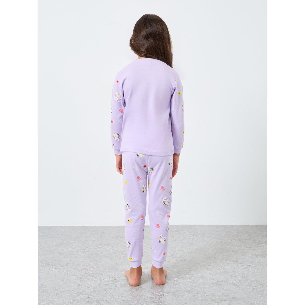 Styli Girls Lilac Cat Graphic Top and Pyjama Set-girls-clothing-nightwear-image-4