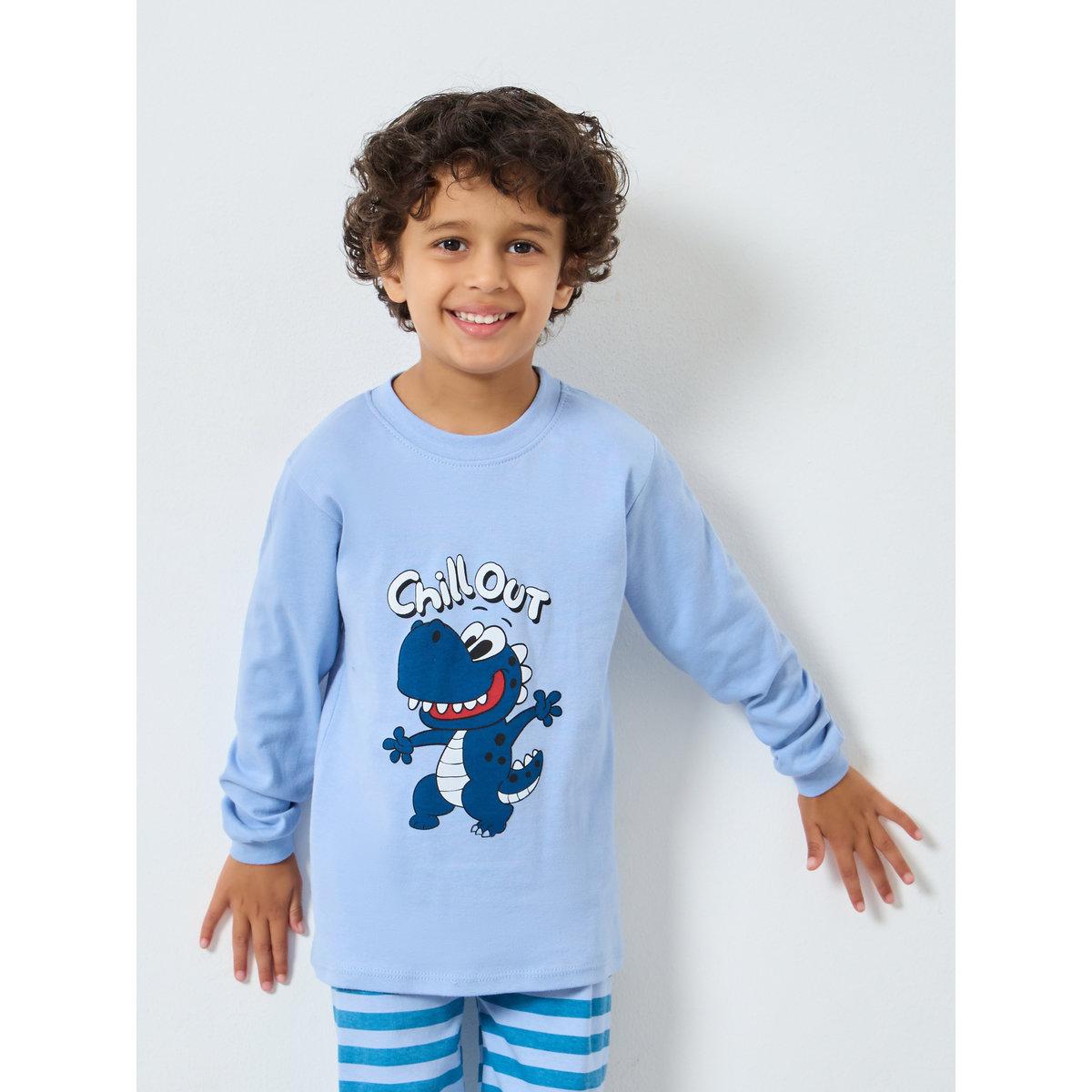 Styli Boy Blue Dinosaur Graphic T-Shirt and Pyjama Set-boys-clothing-nightwear-image-2