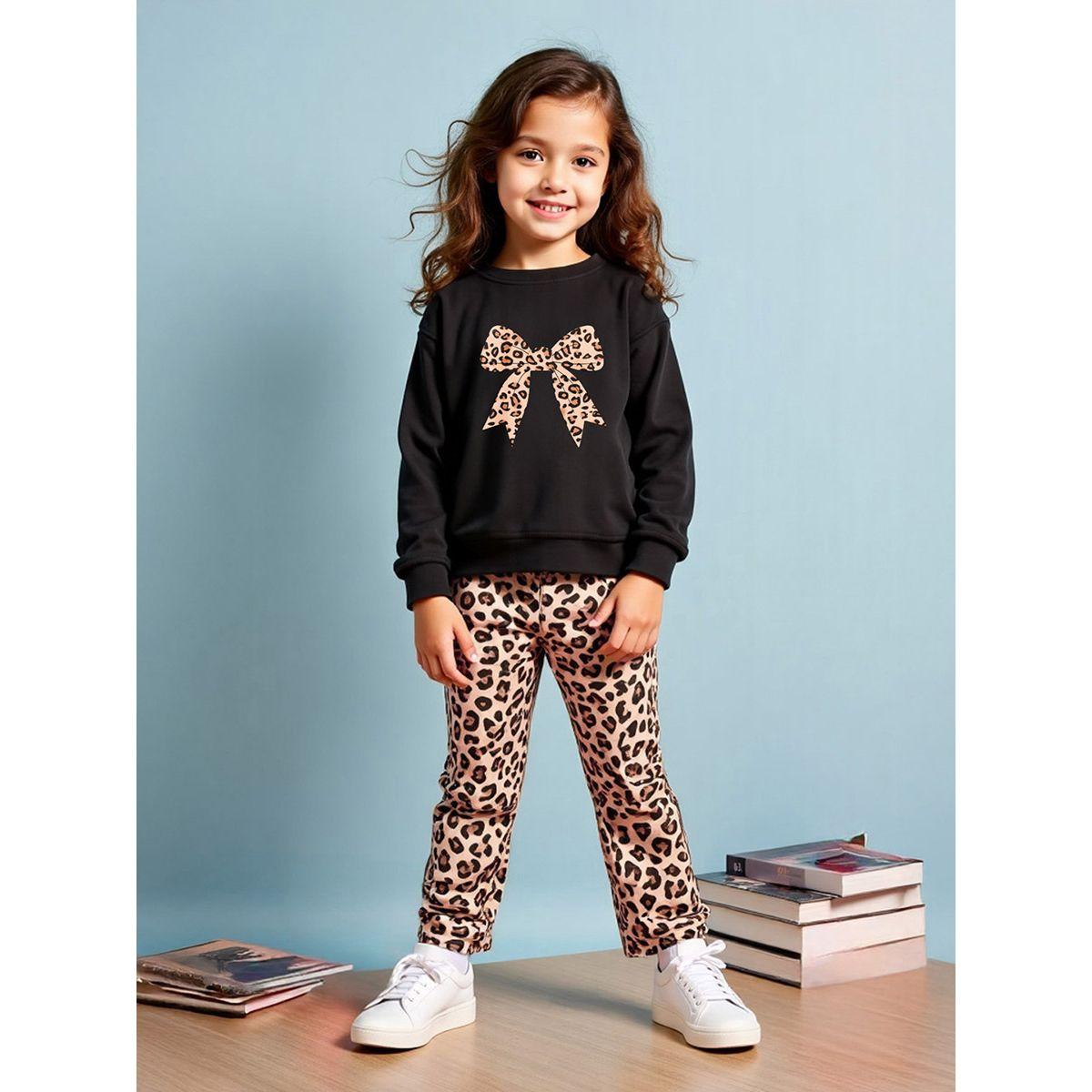 تيك تو - طقم سويت شيرت للبنات بطبعة غرافيكية جلد النمر مع بنطال-girls-clothing-setsandcoords-image-1
