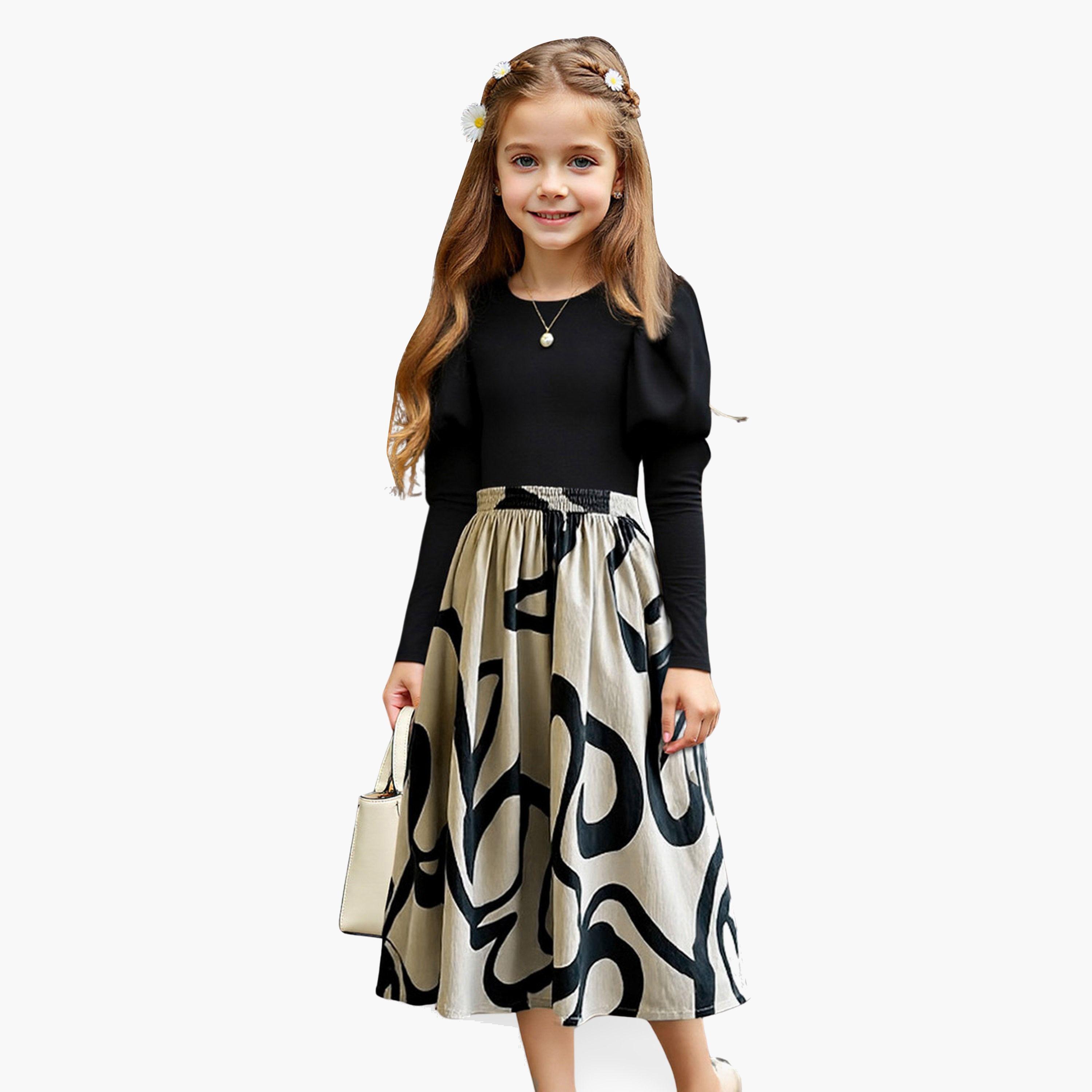 تيك تو - فستان بناتي أسود بأكمام منفوخة-girls-clothing-dressesandjumpsuits-image-1