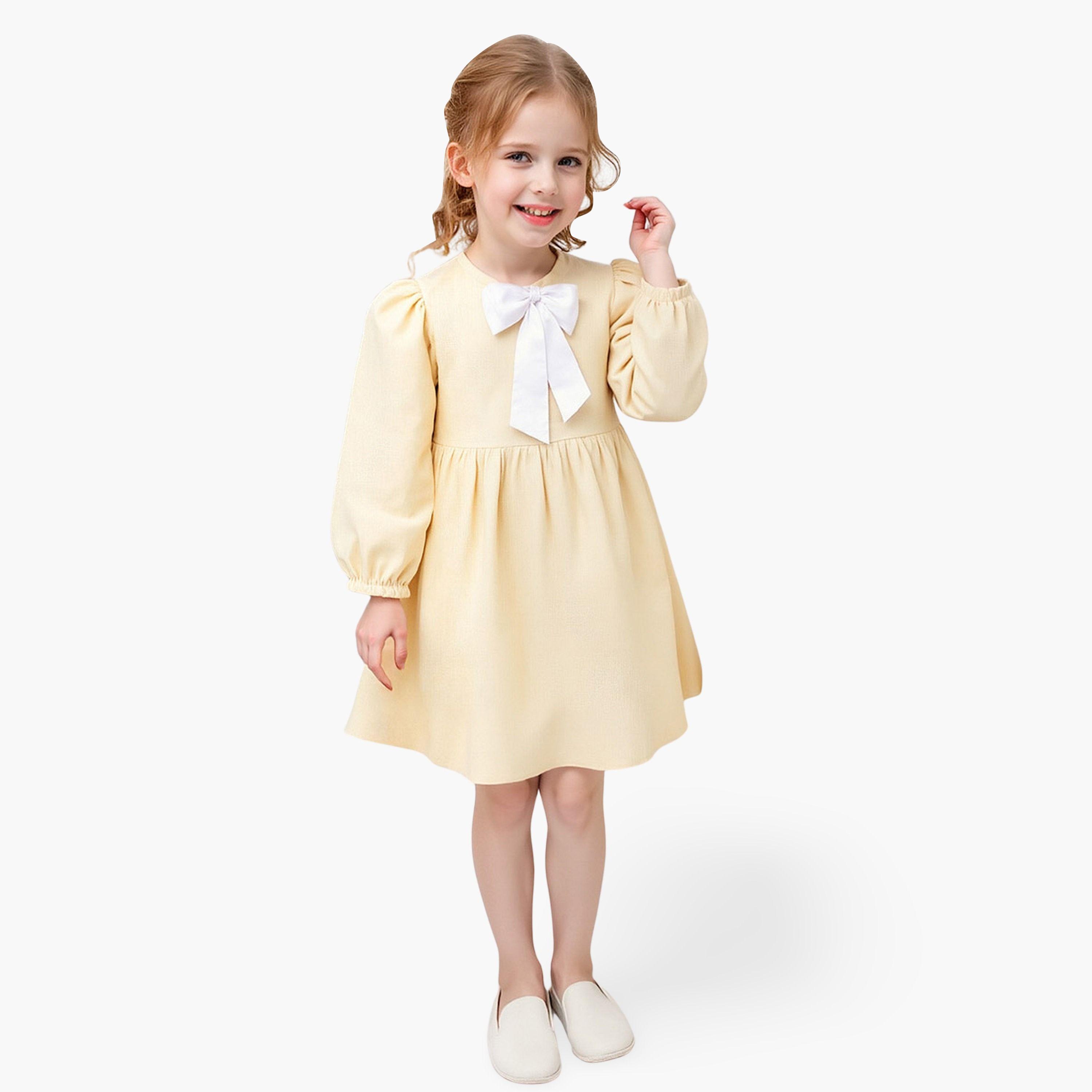 تيك تو - فستان بناتي مزبن بفيونكة بطول الركبة وأكمام منتفخة-girls-clothing-dressesandjumpsuits-image-1