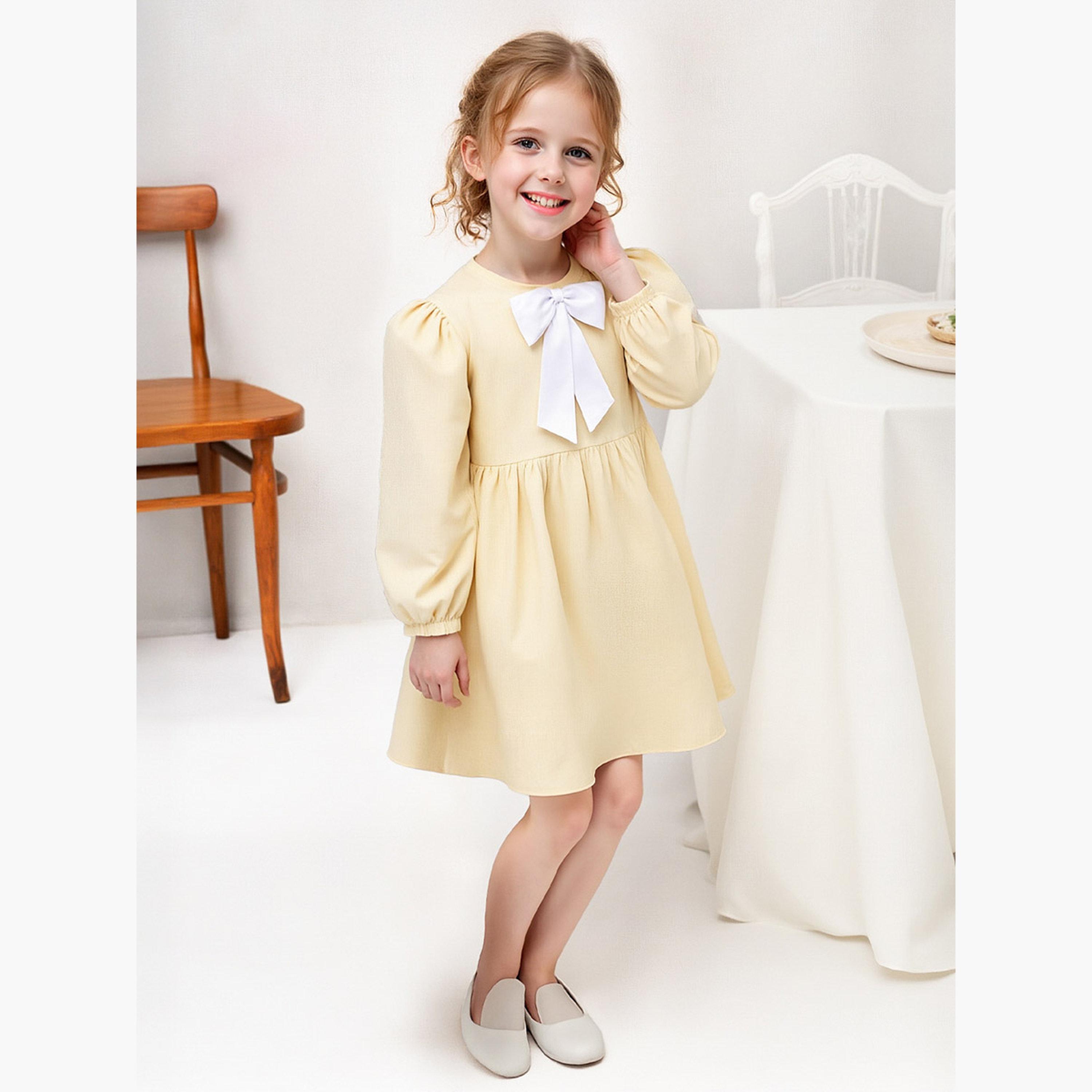 تيك تو - فستان بناتي مزبن بفيونكة بطول الركبة وأكمام منتفخة-girls-clothing-dressesandjumpsuits-image-2