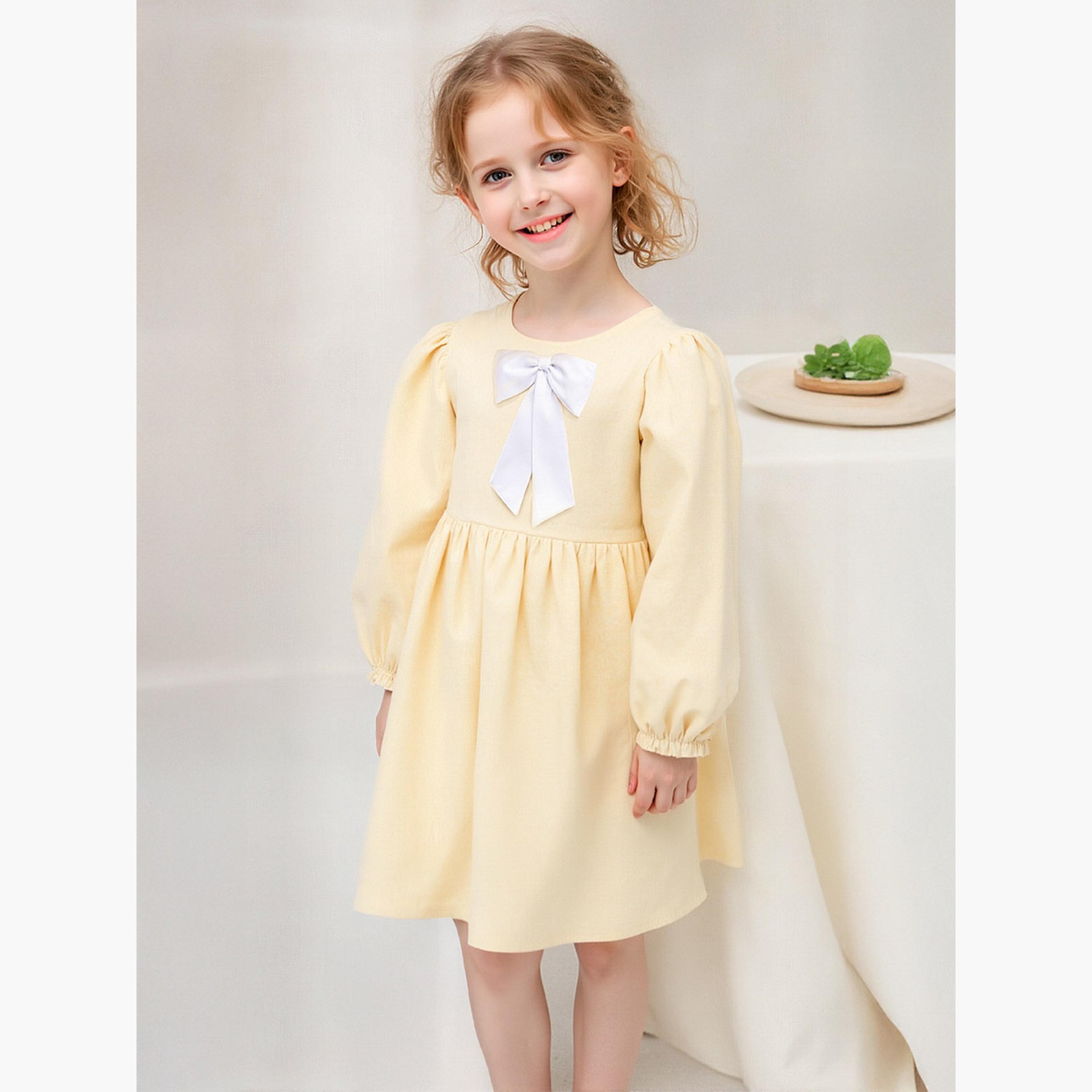 تيك تو - فستان بناتي مزبن بفيونكة بطول الركبة وأكمام منتفخة-girls-clothing-dressesandjumpsuits-image-3