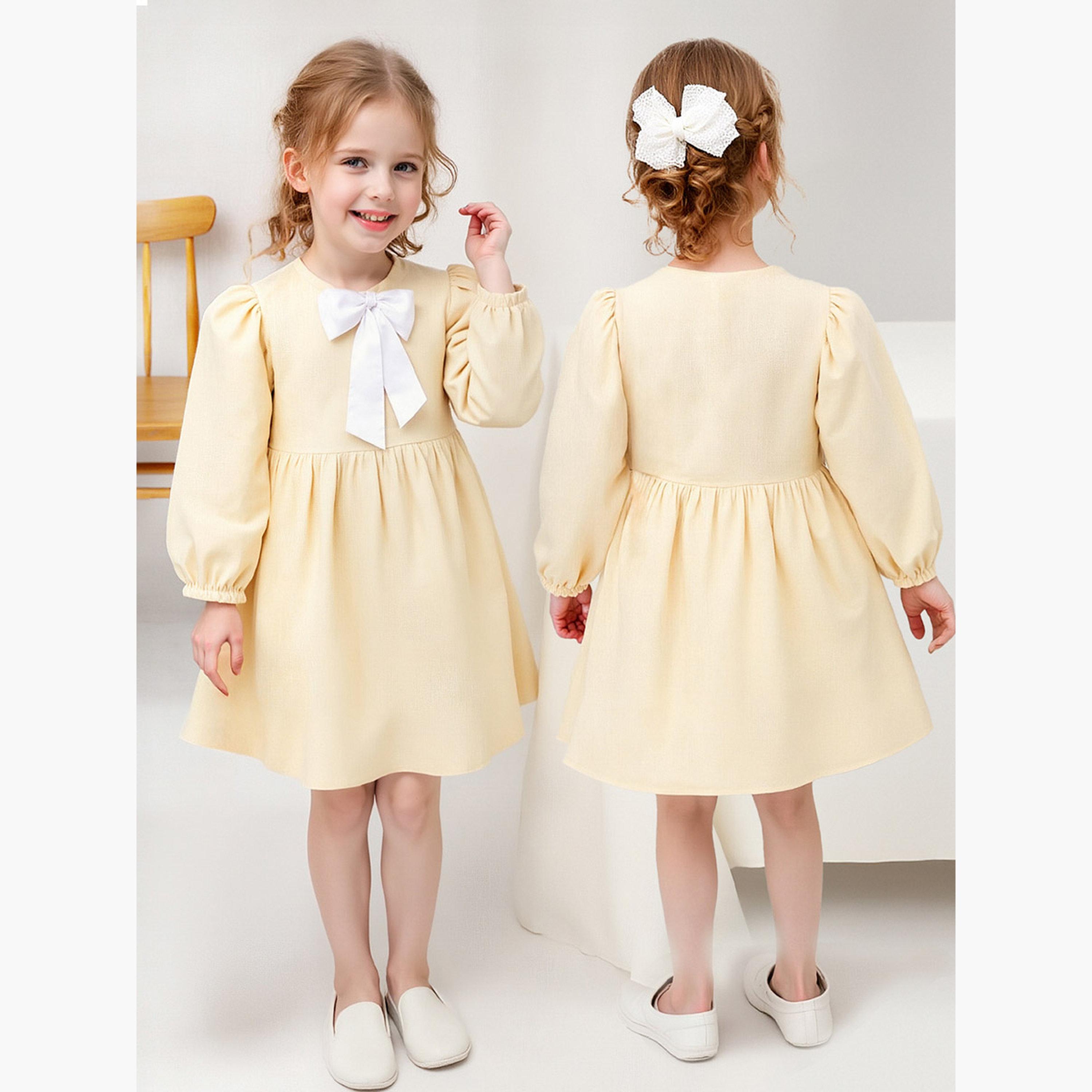 تيك تو - فستان بناتي مزبن بفيونكة بطول الركبة وأكمام منتفخة-girls-clothing-dressesandjumpsuits-image-5