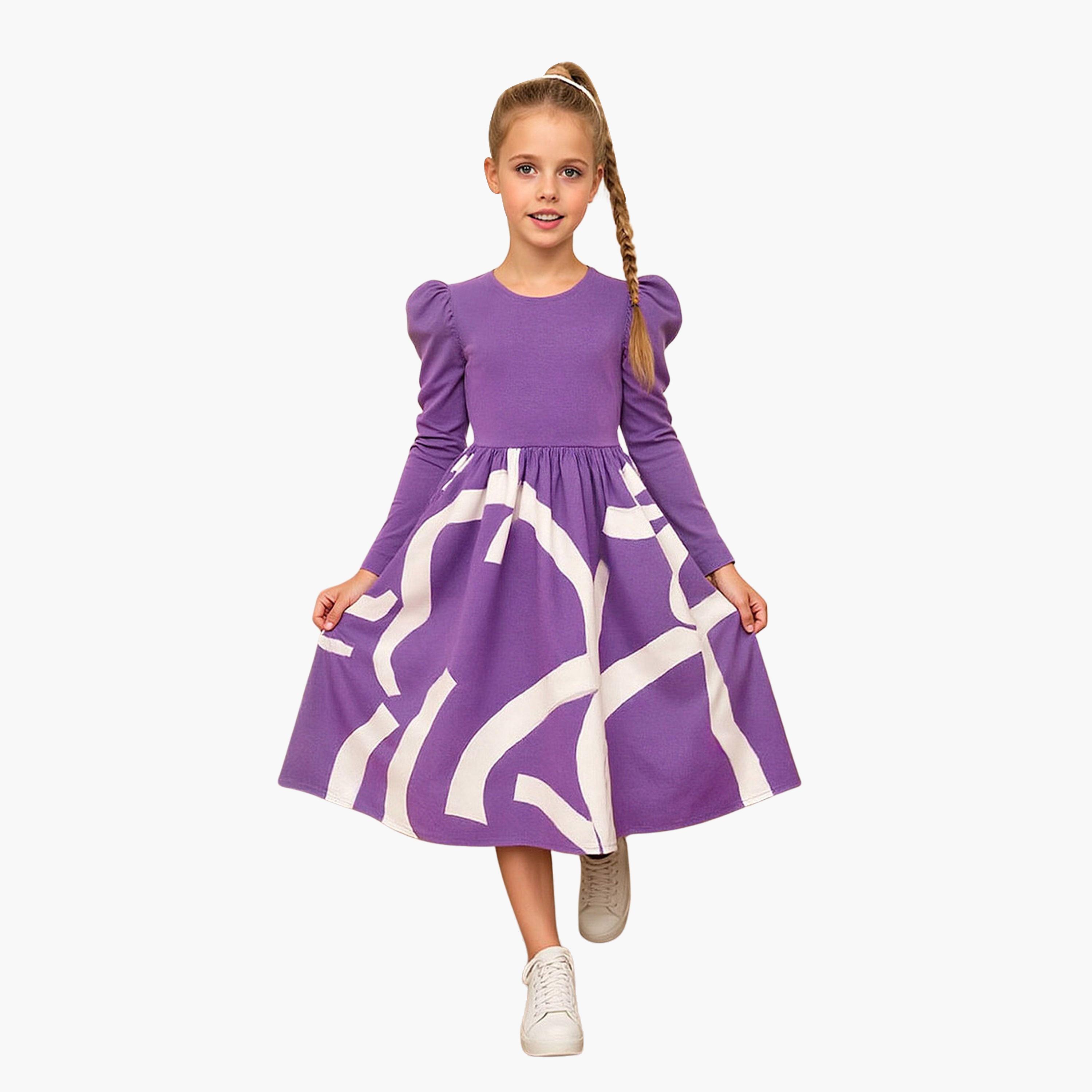 Take Two Girls Purple Contrast Print Puff Sleeve Dress-girls-clothing-dressesandjumpsuits-image-1