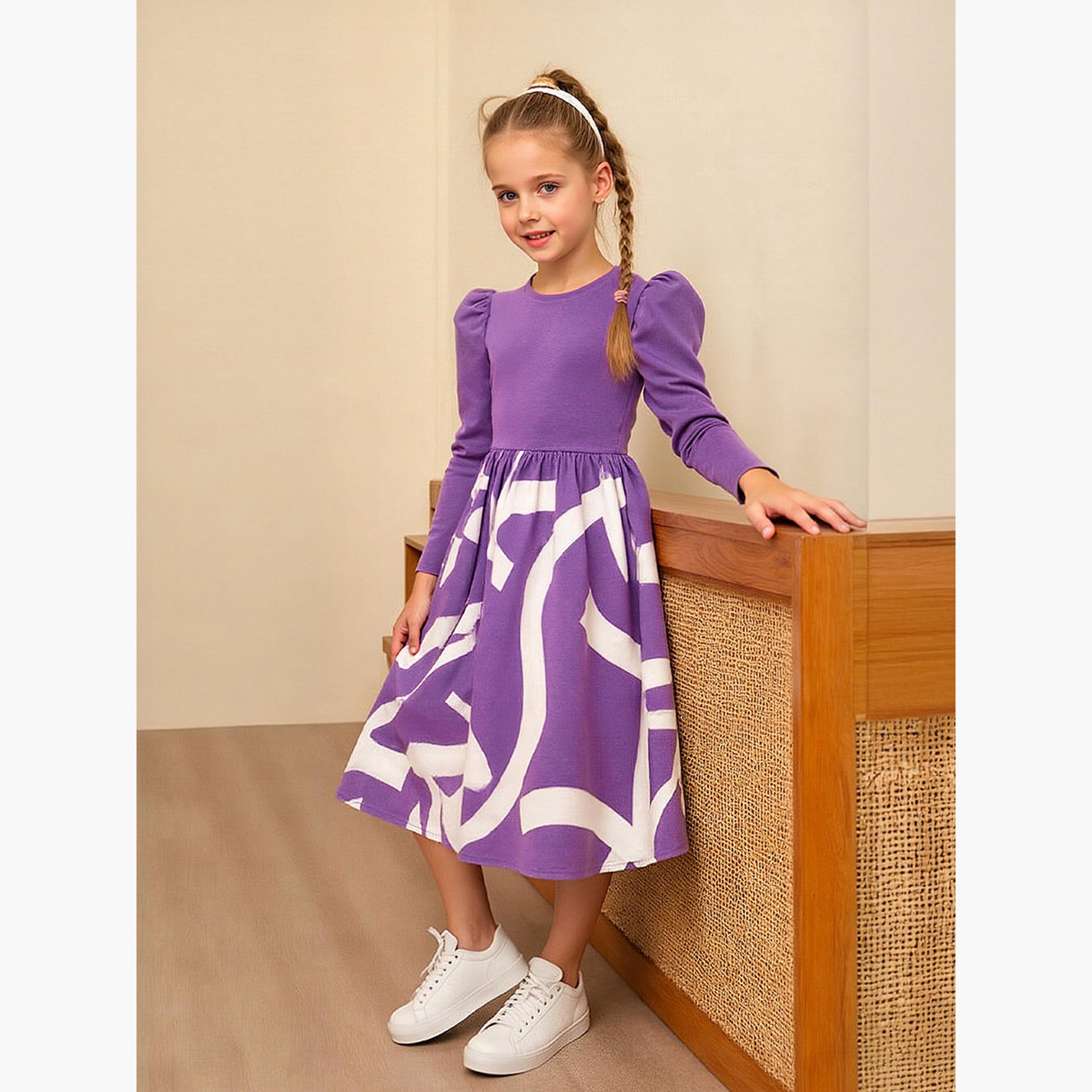Take Two Girls Purple Contrast Print Puff Sleeve Dress-girls-clothing-dressesandjumpsuits-image-3