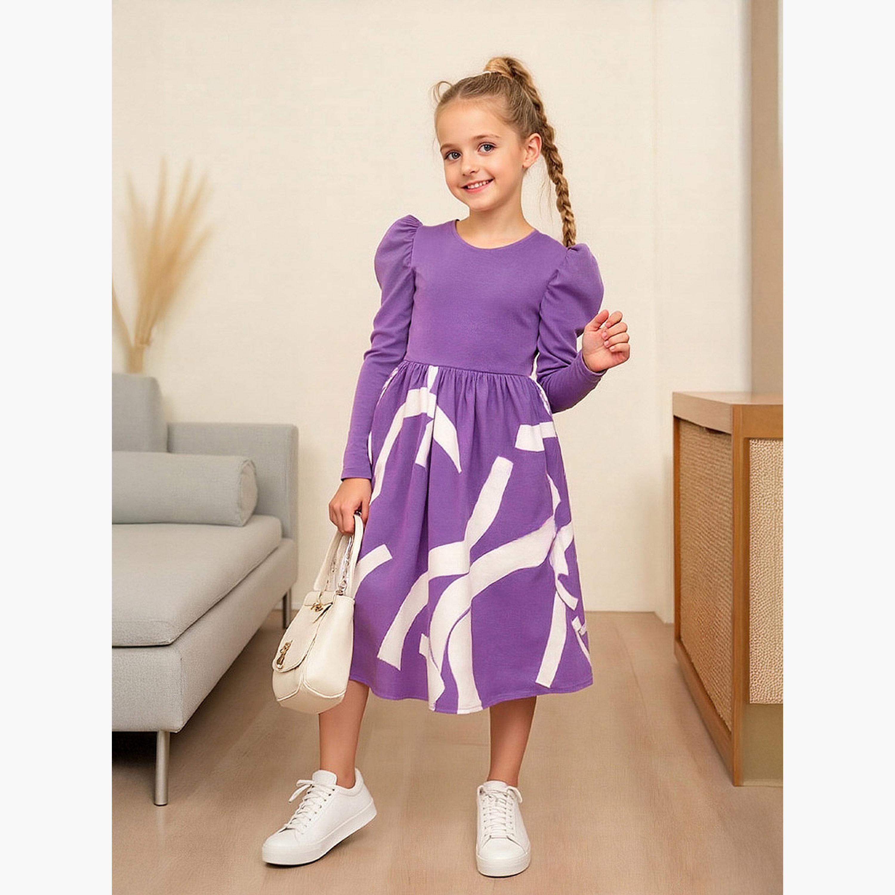 تيك تو - فستان بناتي بأكمام منتفخة وبطبعةبنفسجي-girls-clothing-dressesandjumpsuits-image-4